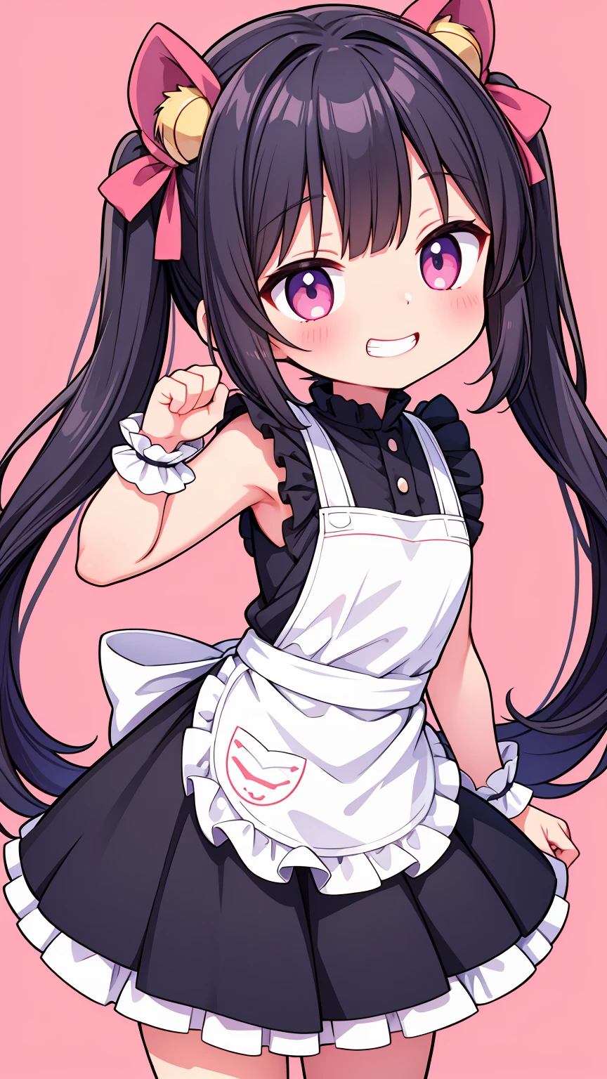 (8K, Highest image quality, highest quality, masterpiece), detailed face, ((one loli:1.6)), ((little loli curve:1.6)) , black hair, short twintails, pink eyes, evil smile, ((grin)), small breasts, naked apron, cowboy shot, put your hand on your mouth, kitchen background, ((very blushing)), ((detailed hands and fingers)), viewer perspective from below