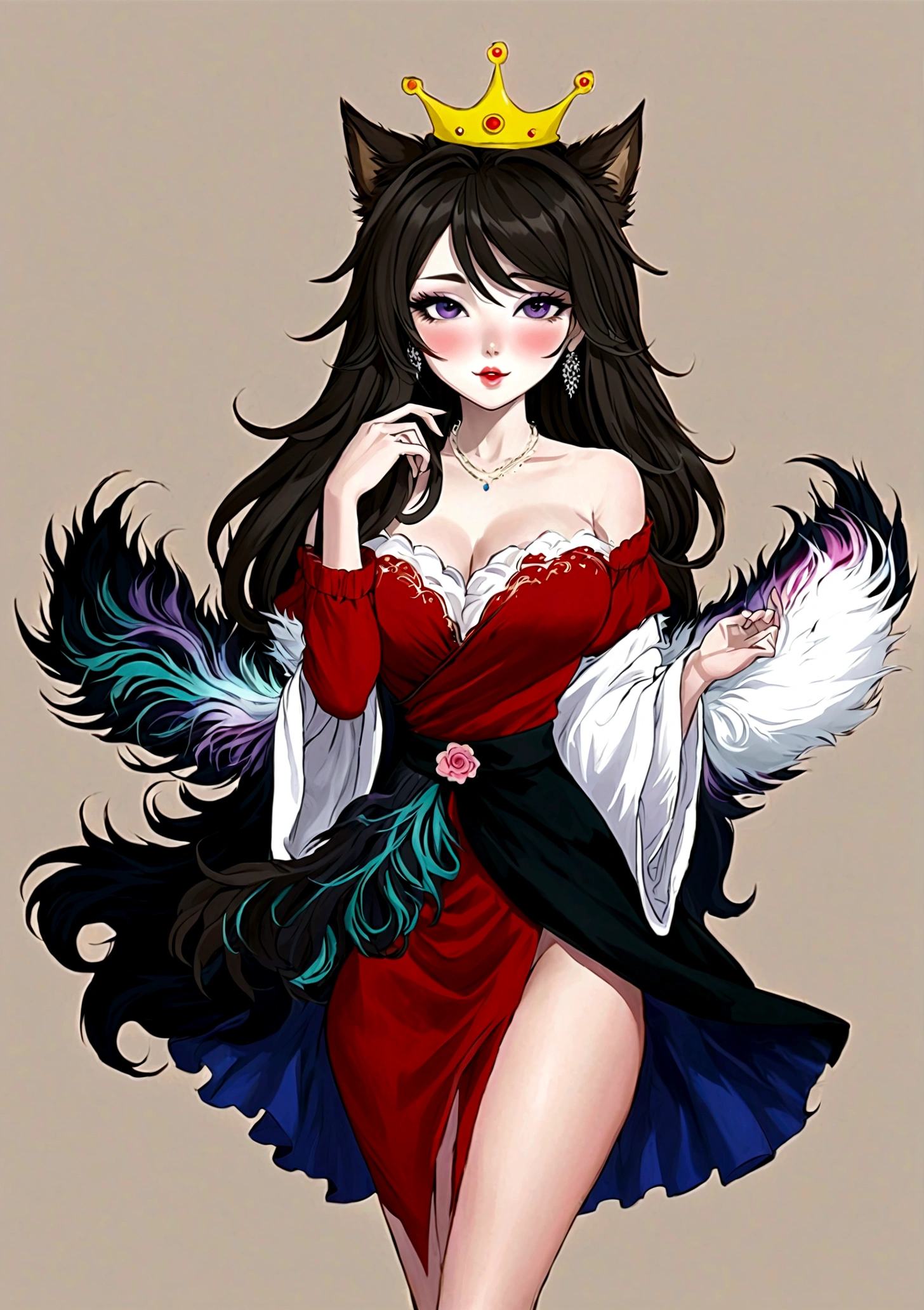 Anime Girl,Purple Eyeshadow,Black long hair,Wolf ears,Small Crown,Red cardigan dress with off shoulder,Fur collar shawl,wave