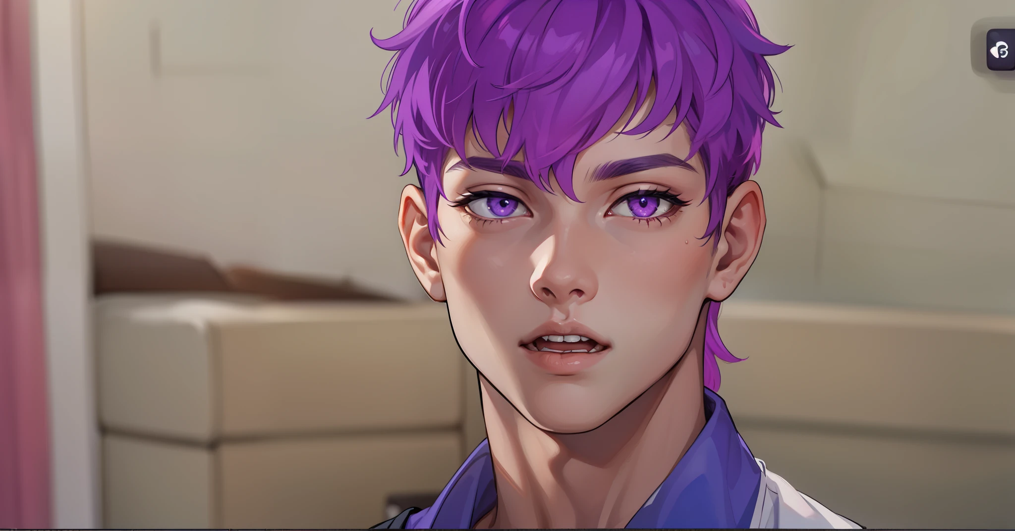 he is speaking he opens his mouth a beautiful 17 year old young man violet hair violet eyes speaking a story he is telling us something
