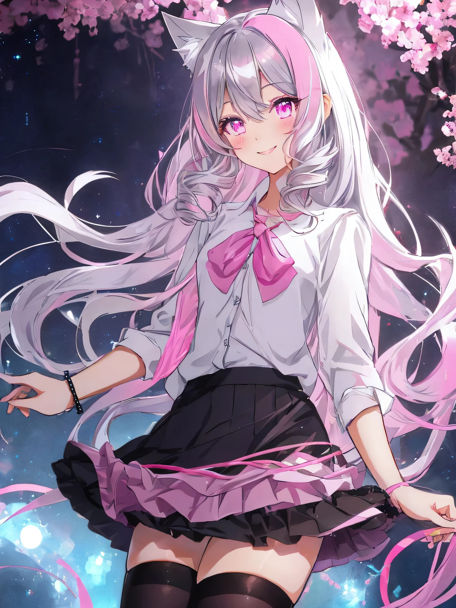 anime,Sparkling eyes,Highlighted eyes,Medium chest,pretty girl,smile,Cat ear,Beautiful silver hair,Pink inside,Beautiful pink eyes,Oversized shirt,skirt,black tights