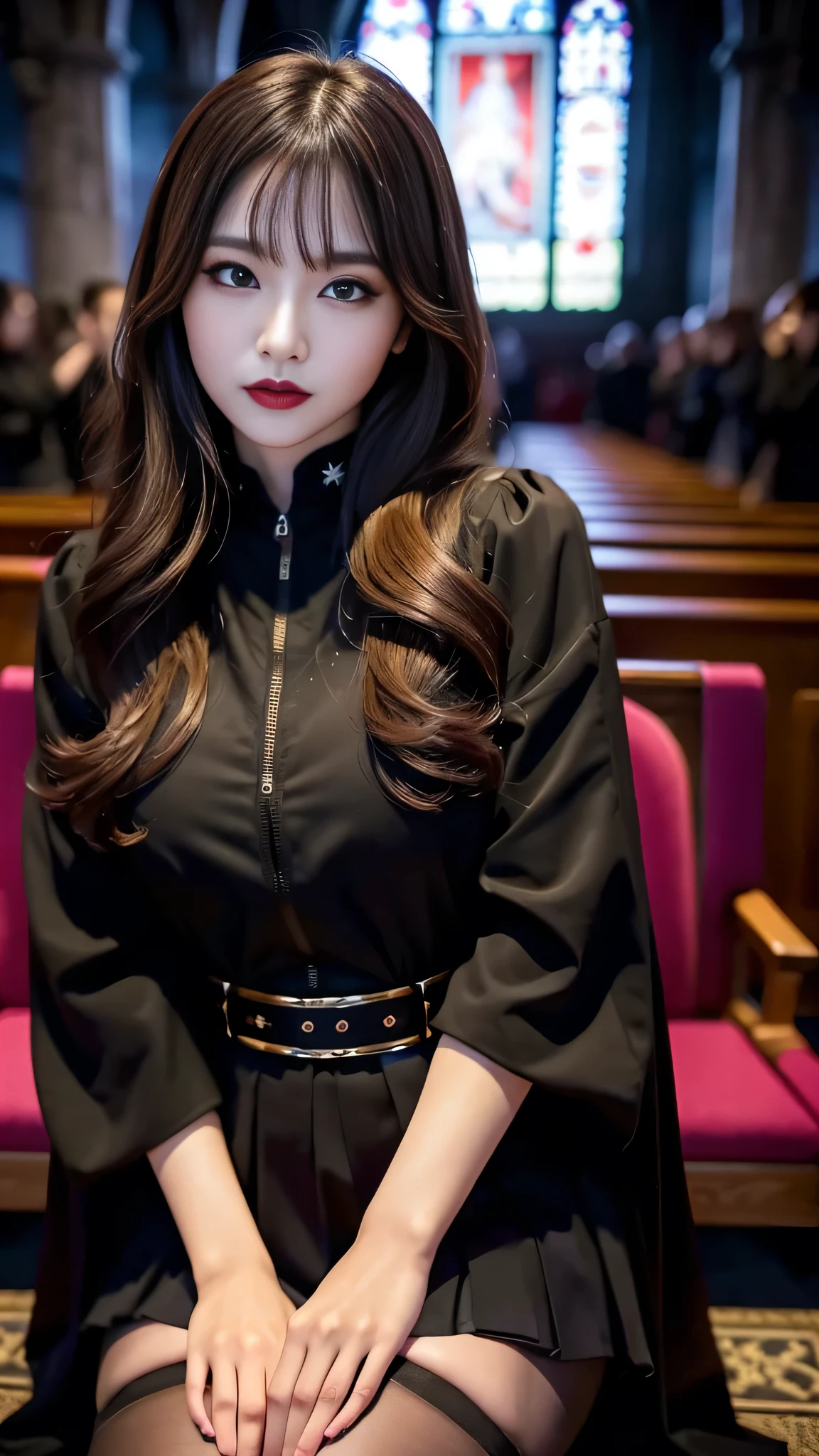 best quality、ultra-detailed、8k、Japanese、Japanese、Seductive beauty、seductive adult woman、Pretty Woman、cool girl、smirk、Wicked Smile、Villainess、brainwash makeup、Brainwashed、brainwash、Fallen into evil、Evil look、evil、Brown hair、wavy hair、swept bangs、dark makeup、piercing eyes、hollow eyes,half-closed eyes、Hollow Eyes、purple Eyeshadow、black lipstick、black lipglos、black elegant dress、wide sleeve、Black flared skirt、skin color pantyhose、stockings、night、inside church、Are standing、Look、Offer、shoot from below、Swear allegiance、I have pledged my allegiance、