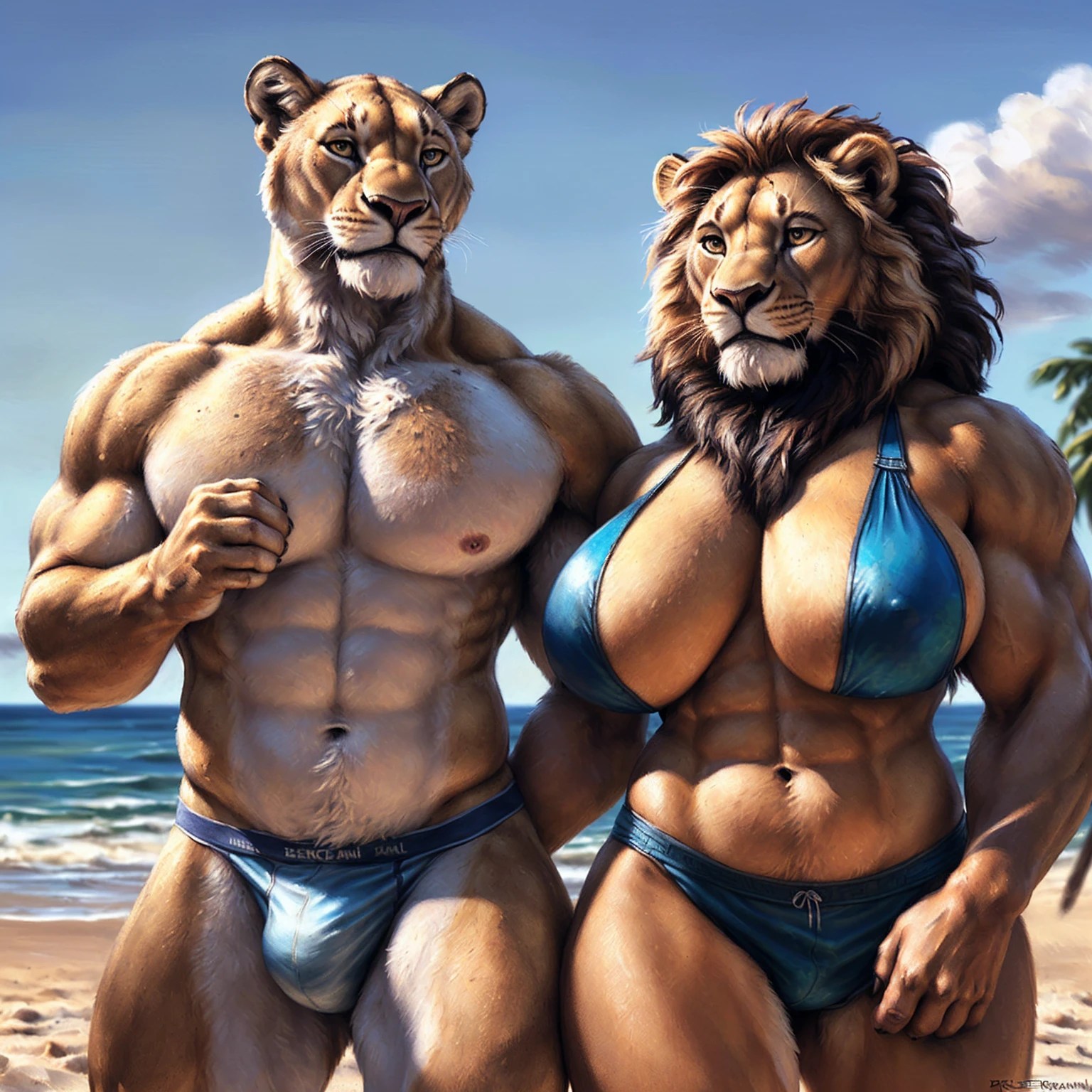 (((((Duo, male/female, looking at partner, naked))))), (((a Couple of (an anthro (female voluptuous curvy lioness) with (curvy figure and huge breasts and small waist and wide hips and midriff and thick thighs and swimsuit)) and (an anthro (male muscular bodybuider lion) with (bodybuilder body and huge pecs and broad shoulders and abs and muscular legs and boxer short))))), ((nude)), beach background, ((happy face)), by bruteandbrawn, by personalami, by kenket, (intricate, high detail, film photography, soft focus, RAW candid cinema, photorealism, realistic, photorealistic, analog style, subsurface scattering, masterpiece, best quality, ultra realistic, 8k)