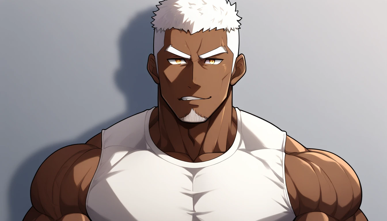 anime characters:Gyee, Fitness coach, negro black skin, 1 muscular tough guy, Manliness, male focus, Cream White Sleeveless Tight T-Shirt, Very tight, The pectoral muscles are oversized, Slightly transparent, muscular male, muscular, only, Upper body, alone, White short hair, Thick eyebrows, stubble, Yellow eyes, Grey background, simple background, amazing quality, best aesthetics, Ridiculous, bright pupils, crew cut, parted lips, seductive smile, torogao, naughty face, drop shadow, best quality