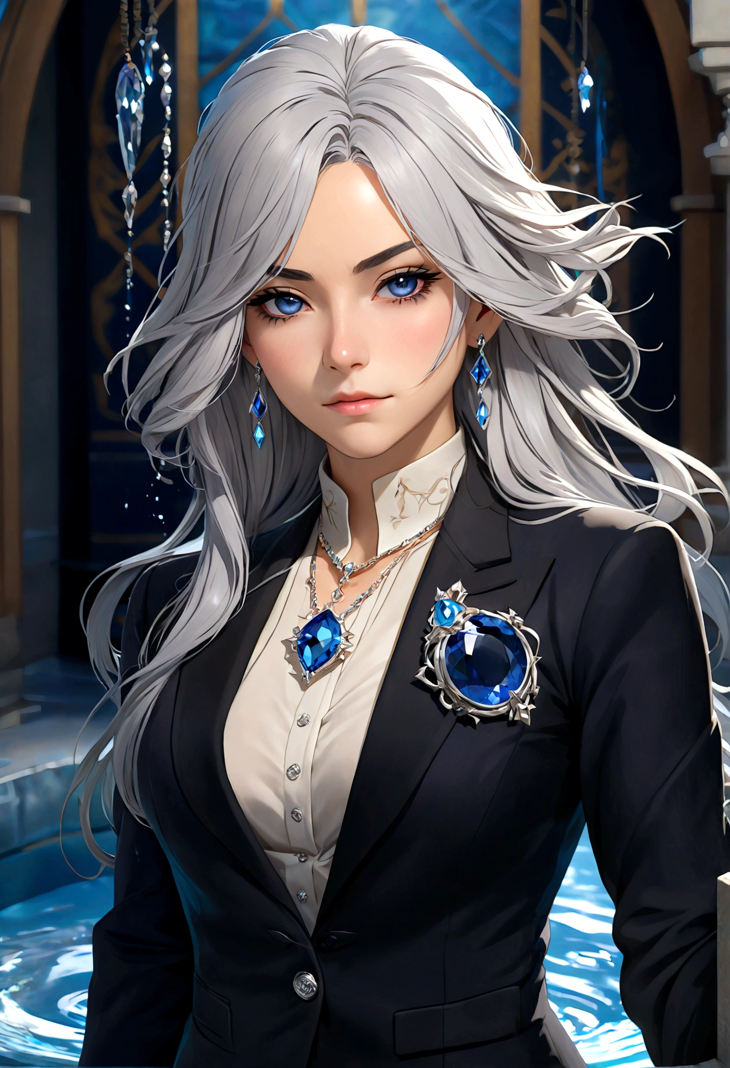 Genshin Impact original character (Fontaine). Adult woman, long silver hair, deep black eyes, black and blue corporate suit, silver jewelry, hydro (water) Fontaine vision on her hip, serious and serene expression, crystal necklace