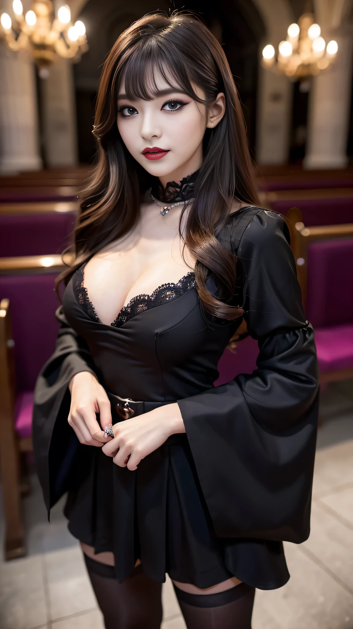 Super detailed、Japanese、charming beauty、seductive adult woman、Beautiful woman、sharp eyes、cool girl、wavy hair、flowing bangs、long black cheongsam、wide sleeve、evilの幹部、evil depravity、brainwashing、Mind control、lipstick、grin、evilな表情、evil、empty eyes、evil、church at night、vampire、Succubus、vampire、