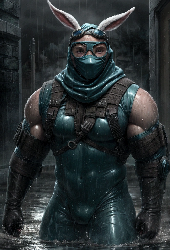 hyperdetailed hyperrealism, strong buff burly older rugged male anthro bunny centaur antihero with four legs and two arms, white fur, wearing soggy wet teal and purple tactical form-fitting bodysuit on upper and lower body, balaclava mask covering his entire head and face, tinted goggles, wet in the rain