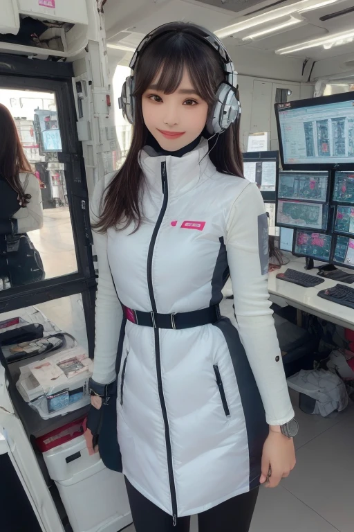 masterpiece, highest quality, Very detailed, 8K Portrait,Japanese Android Girl,plump , Control panel,Robotic arms and legs, Blunt bangs,,break (Metallic Gray, Metallic luster, Mirror finish, Astro Best):5,headphone:5,break (Black sleeves):100,Smart Watches,Futuristic space station,Control Room,break headphone,blue eyes,(Black Hair):2,(Long Hair):1.3,Displaying the viewer,(respirator),break blush:3,Hidden Hand,smile