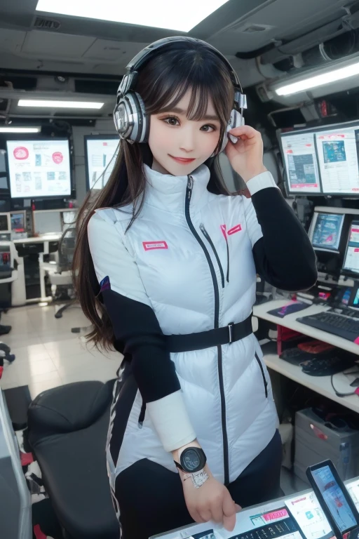 masterpiece, highest quality, Very detailed, 8K Portrait,Japanese Android Girl,plump , Control panel,Robotic arms and legs, Blunt bangs,,break (Metallic Gray, Metallic luster, Mirror finish, Astro Best):5,headphone:5,break (Black sleeves):100,Smart Watches,Futuristic space station,Control Room,break headphone,blue eyes,(Black Hair):2,(Long Hair):1.3,Displaying the viewer,(respirator),break blush:3,Hidden Hand,smile