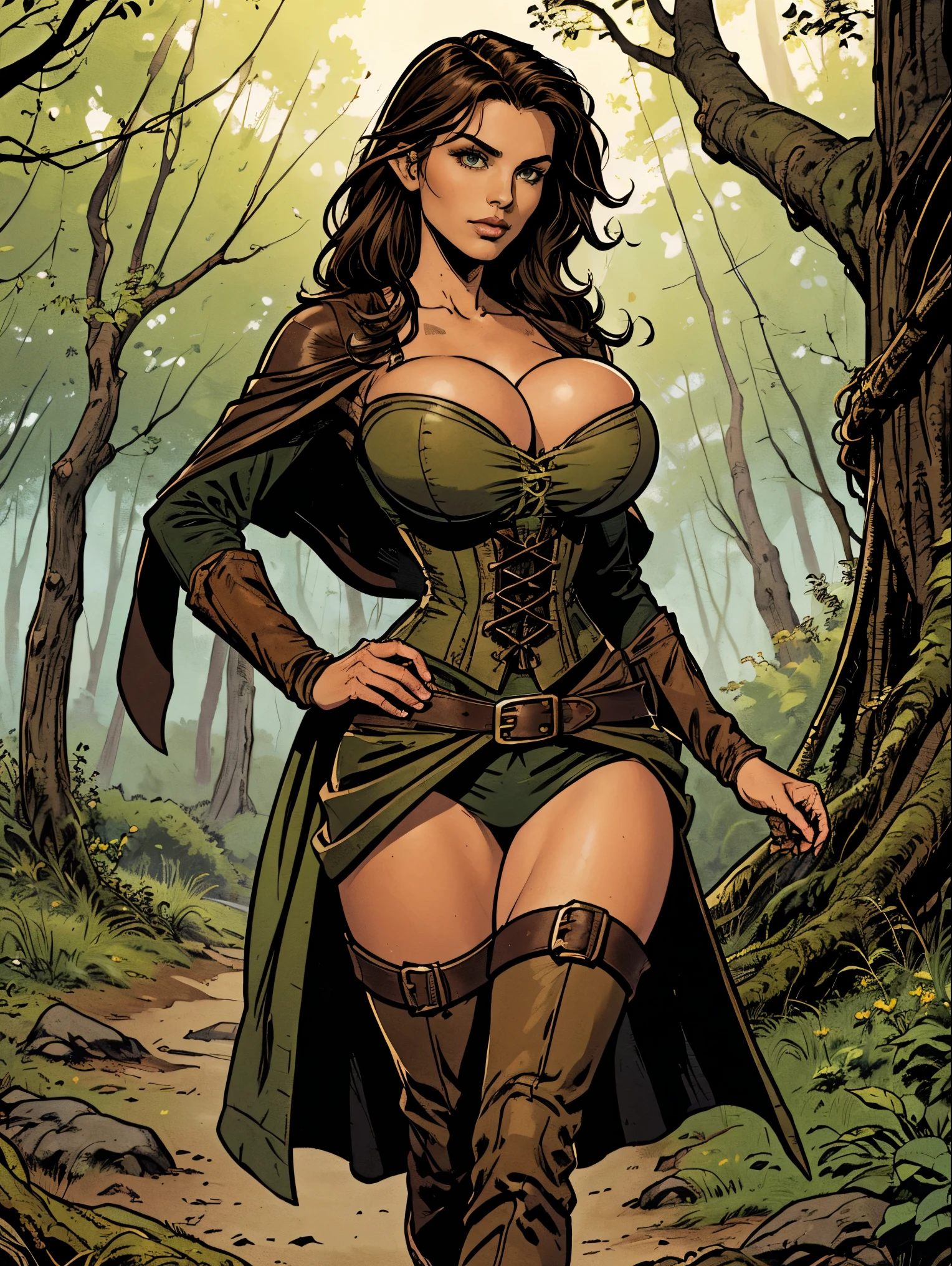 (masterpiece, top quality, best quality, official art, beautiful and aesthetic:1.2), (1girl:1.3), dark brown hair in a single braid, extremely detailed, portrait, looking at viewer, solo, (full body:0.6), detailed background, close up, cat eyes, (warm summer forest theme:1.1), (elf) ranger, charlatan, smirk, mysterious, running in forest, revealing ranger attire, brown leather, cowl, cloak, corset, long boots, buckles, straps, pouches, bow and arrow, green fabric, brown leather, ((((gigantic breasts, cleavage, skindentation)))), slim waist, slim hips, long legs, medieval (forest exterior:1.1) background, dark mysterious lighting, shadows, magical atmosphere, dutch angle,