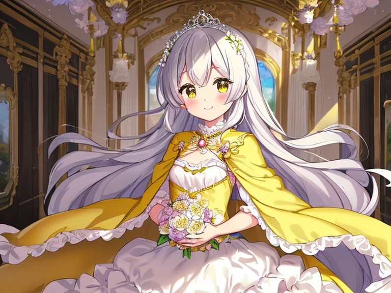 looking at viewer,(kawaii),(best quality),(ultra detailed), upper body,(rococo style),(long train pastel yellow cape:1.15), very long cape,(long train white ball gown with flower decorations:1.1), a girl is wearing a cape over her gown, 1 little princess, tiara, smile, very long hair, small breasts