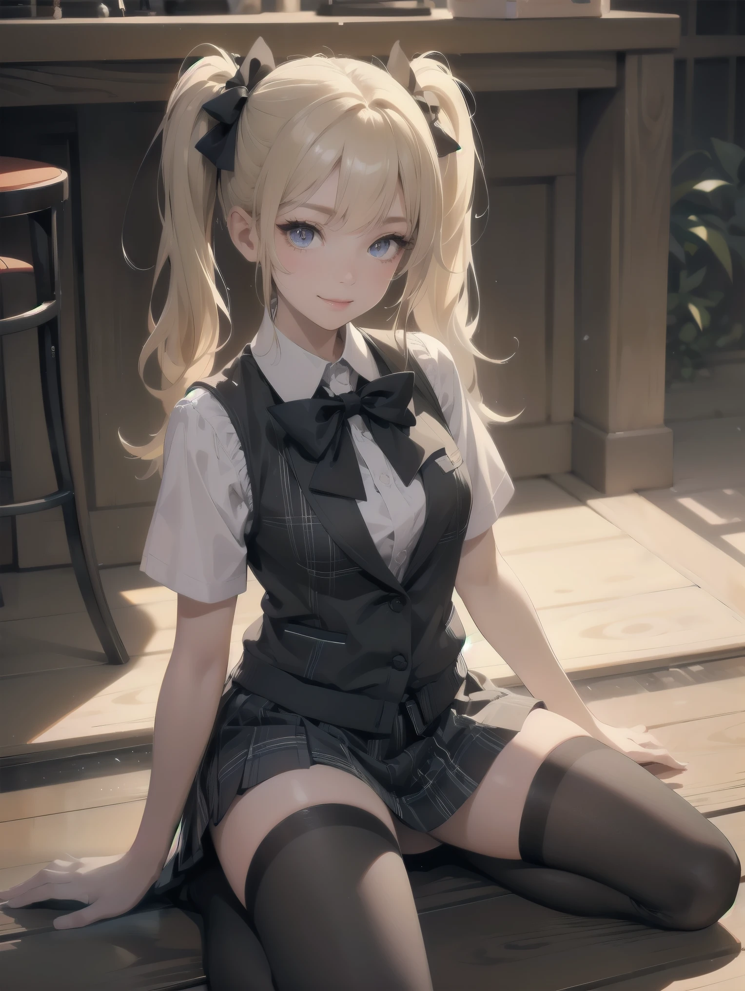 absurdres, absolutely resolution, incredibly absurdres, highres, ultra detailed, official art, unity 8k wallpaper,
BREAK
1 girl, soro, twintails, bow, cardigan vest, short sleeve shirt, plaid skirt, over black legwear, loafers, smile, Sexual girl, seducing men, colourful, bewitching eyes,