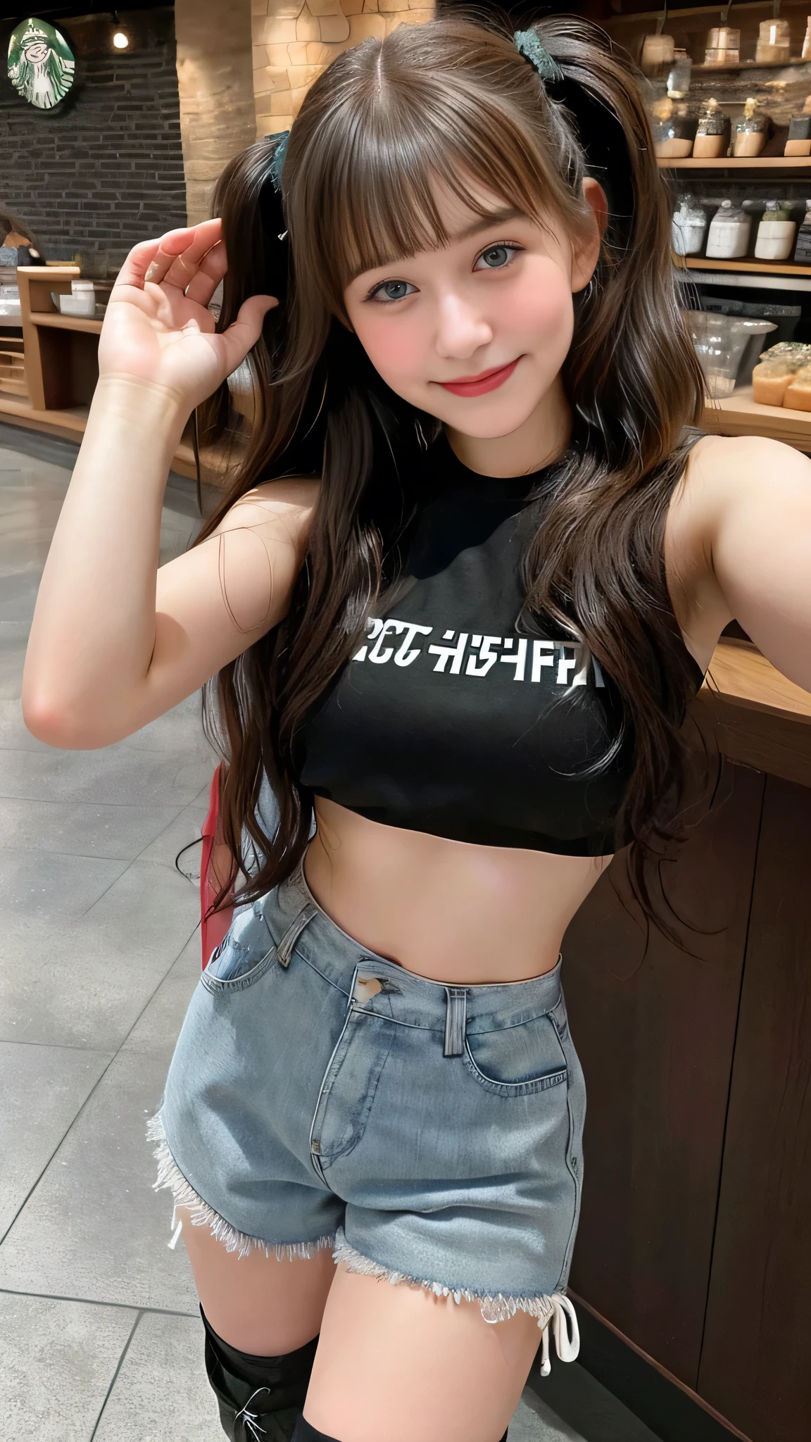 ((Best picture quality, 8K, tmasterpiece:1.3)), 1girll, Beautiful woman with slender abs:1.3, (Dark brown hair, No leakage of big breasts:1.2), Winter jacket mini shorts，Manteau:1.1, Ultra-fine face, A detailed eye, Smiling, 二重まぶた，Kitchen