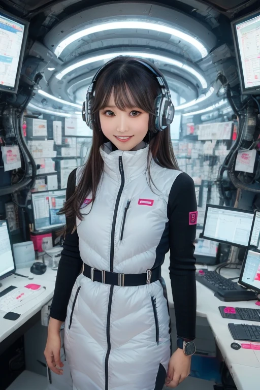 masterpiece, highest quality, Very detailed, 8K Portrait,Japanese Android Girl,plump , Control panel,Robotic arms and legs, Blunt bangs,,break (Metallic Gray, Metallic luster, Mirror finish, Astro Best):5,headphone:5,break (Black sleeves):100,Smart Watches,Futuristic space station,Control Room,break headphone,blue eyes,(Black Hair):2,(Long Hair):1.3,Displaying the viewer,(respirator),break blush:3,Hidden Hand,smile