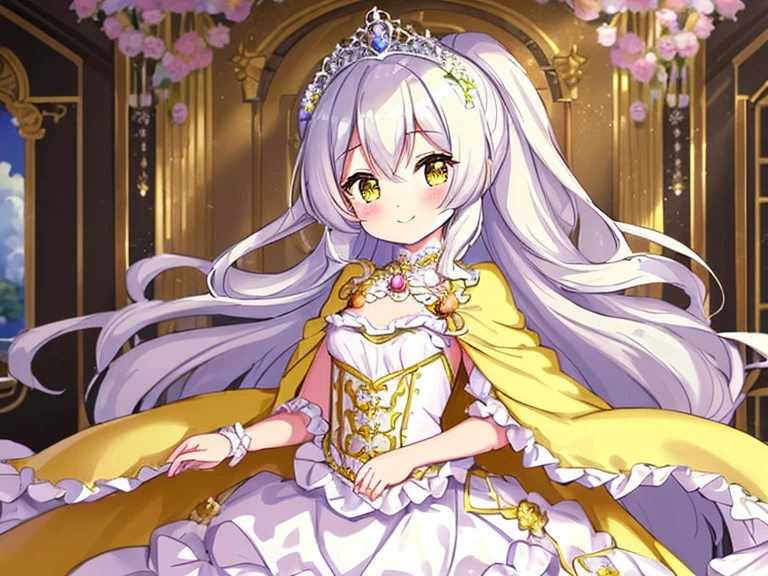 looking at viewer,(kawaii),(best quality),(ultra detailed), upper body,(rococo style),(long train pastel yellow cape:1.15), very long cape,(long train white ball gown with flower decorations:1.1), a girl is wearing a cape over her gown, 1 little princess, tiara, smile, very long hair, small breasts