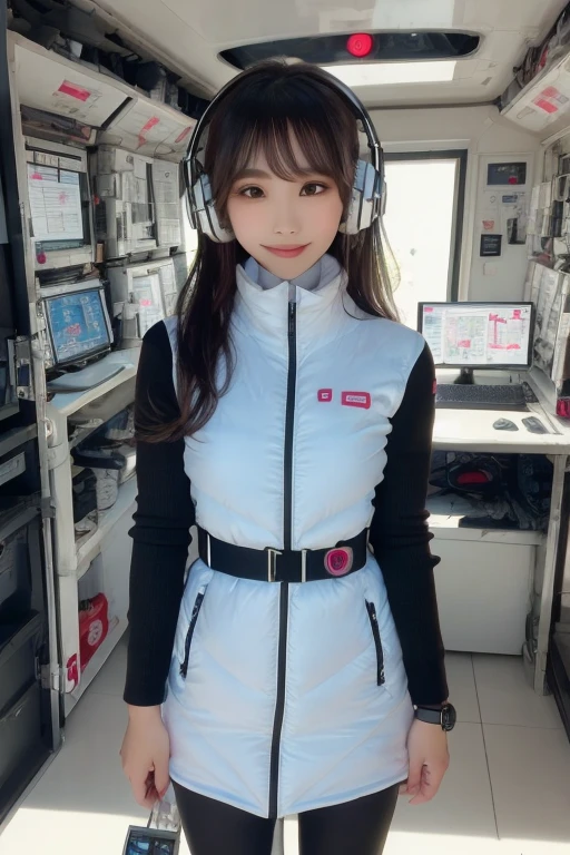 masterpiece, highest quality, Very detailed, 8K Portrait,Japanese Android Girl,plump , Control panel,Robotic arms and legs, Blunt bangs,,break (Metallic Gray, Metallic luster, Mirror finish, Astro Best):5,headphone:5,break (Black sleeves):100,Smart Watches,Futuristic space station,Control Room,break headphone,blue eyes,(Black Hair):2,(Long Hair):1.3,Displaying the viewer,(respirator),break blush:3,Hidden Hand,smile