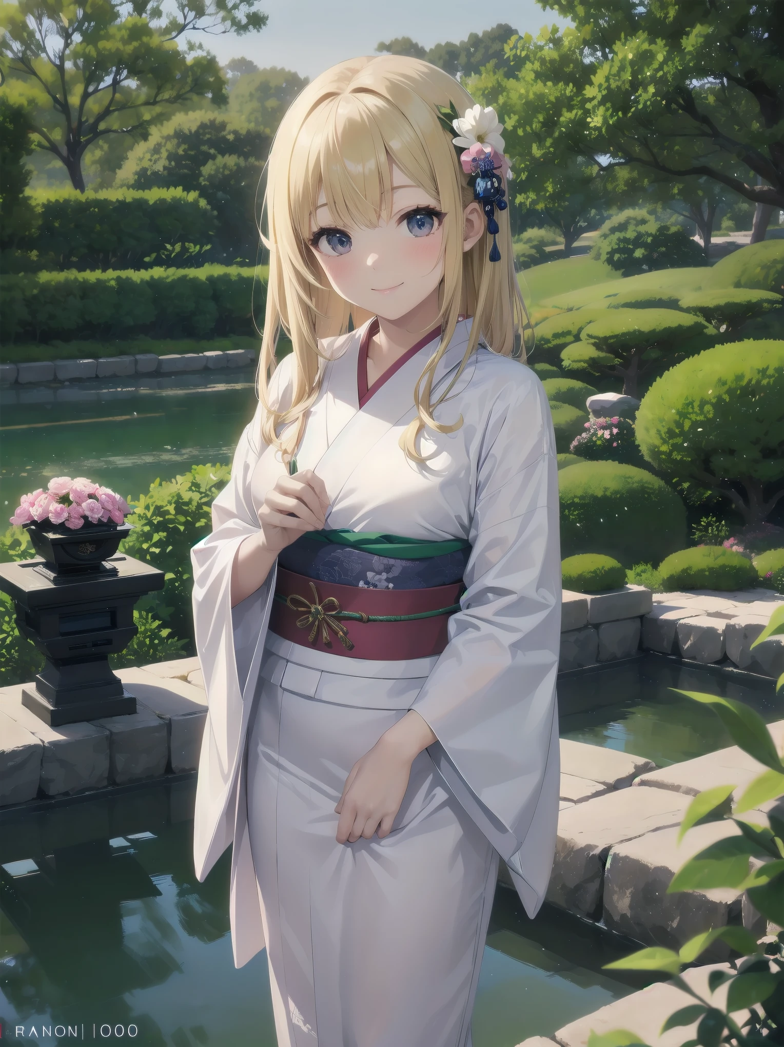 Subject: pretty beautiful girl
Subtitle: {Long, straight blonde hair}{Japanese-style yukata}{Posing picking flowers}{Japanese garden}{Smiling demurely}{Mirrorless camera, f/1.8, 1/400 sec, ISO 800, soft focus effect}
A beautiful girl with long, straight blonde hair stands in a quiet Japanese garden. She is wearing a beautiful Japanese yukata and is elegantly picking flowers. Her modest smile enhances her elegance and makes for a memorable scene. In the background is a lush green Japanese garden, which gives the scene a traditional beauty. The photo was taken with a mirrorless camera at f/1.8 aperture, shutter speed 1/400 sec, ISO 800, and the soft-focus effect adds to the soft, magical atmosphere.