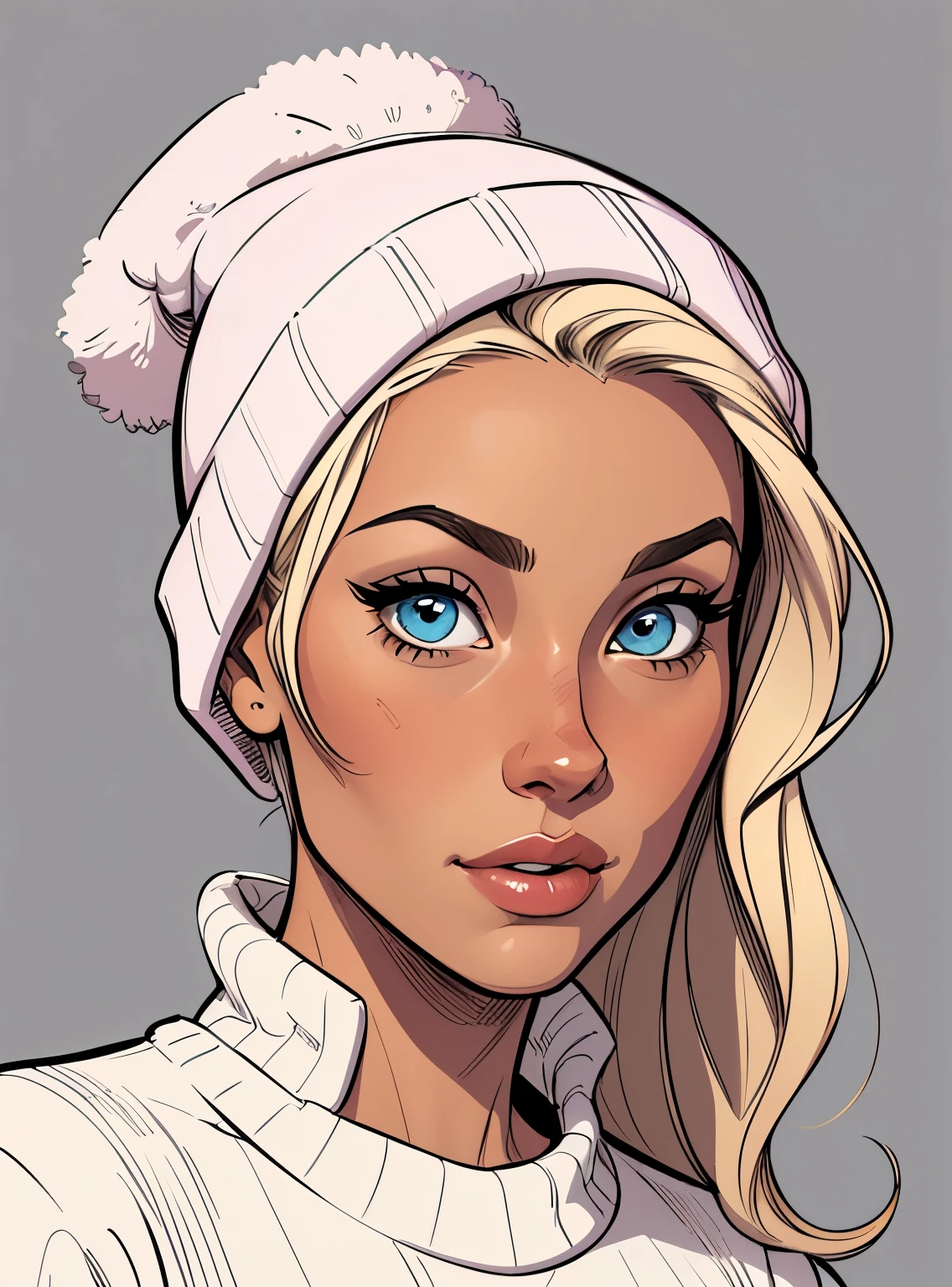 (cartoon style:1.2), Cartoon image of a  
Flat colors,close-up, portrait,  of a 25 year old surfer looking girl, tan skin, ([blue eyes]) Beach blonde salty hair, natural beaty, beautiful, casual,  masterpiece, with a knitting cap and flowers, wearing a sweater Super cute funky , Cartoon style illustration, Cartoon Art Style, Cartoon Art Style, Digital illustration style, Highly detailed character design, cute detailed digital art, City Girl Fan Art, Portrait Character Design, beautiful digital illustration, high quality portrait, Comic art, Character Design Portrait,:: simple grey background::