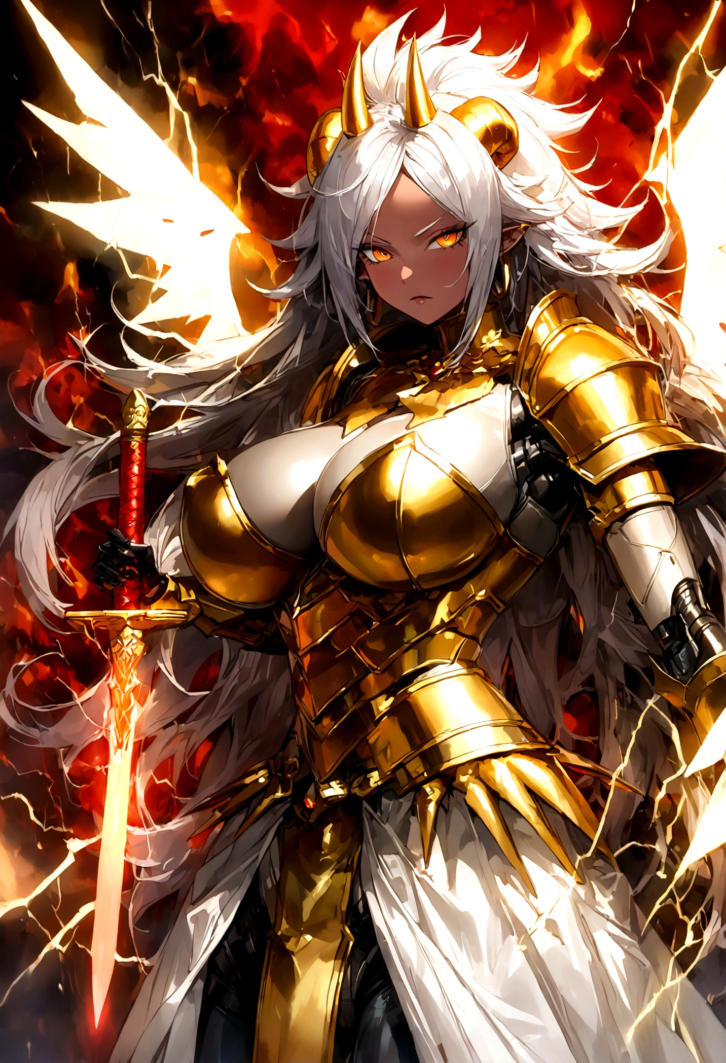 ((Lightning Power)), ((Electricity)), ((Fire Background)), (Lightning Storm), (((android 21))), (((white Coat))), (((Busty))), (((((Big breast:1,3)))), luxury bustier corset, ((silver hair)), (((Very slim waist))), propotional body, ((Gorgeous)), (((gold wings))), masterpiece, hyperdetail, ambient effect, digital effect, (((FIRE SWORD)), (((Lightning Sword))), (((Fire Gold Armor))), (((Lightning Gold Wings))), ((Fire Demon Horns))