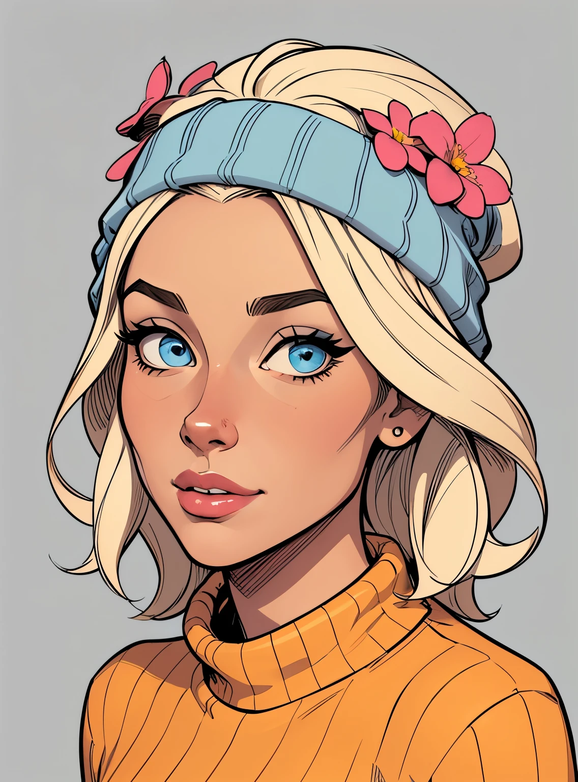 (cartoon style:1.2), Cartoon image of a  
Flat colors,close-up, portrait,  of a 25 year old surfer looking girl, tan skin, ([blue eyes]) Beach blonde salty hair, natural beaty, beautiful, casual,  masterpiece, with a knitting cap and flowers, wearing a sweater Super cute funky , Cartoon style illustration, Cartoon Art Style, Cartoon Art Style, Digital illustration style, Highly detailed character design, cute detailed digital art, City Girl Fan Art, Portrait Character Design, beautiful digital illustration, high quality portrait, Comic art, Character Design Portrait,:: simple grey background::