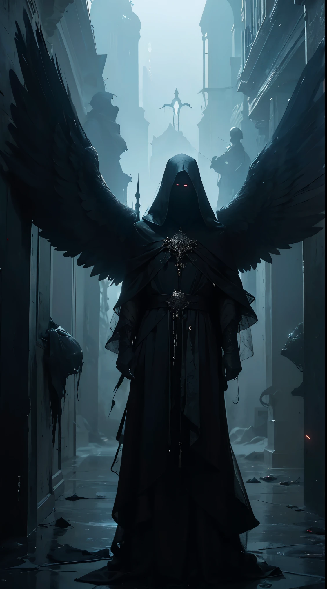 Striking illustration of the Angel of Death., A mysterious and ethereal figure who guards the threshold between life and death.. His presence is enigmatic and powerful...., con alas inmensas que se extienden hacia el horizonte y una mirada penetrante que transmite serenidad y temor. He uses cool tones and deep shadows to emphasize his ethereal nature and his connection to the realm of death......(dark lighting), ( ethereal lighting),(Spectral illumination)
