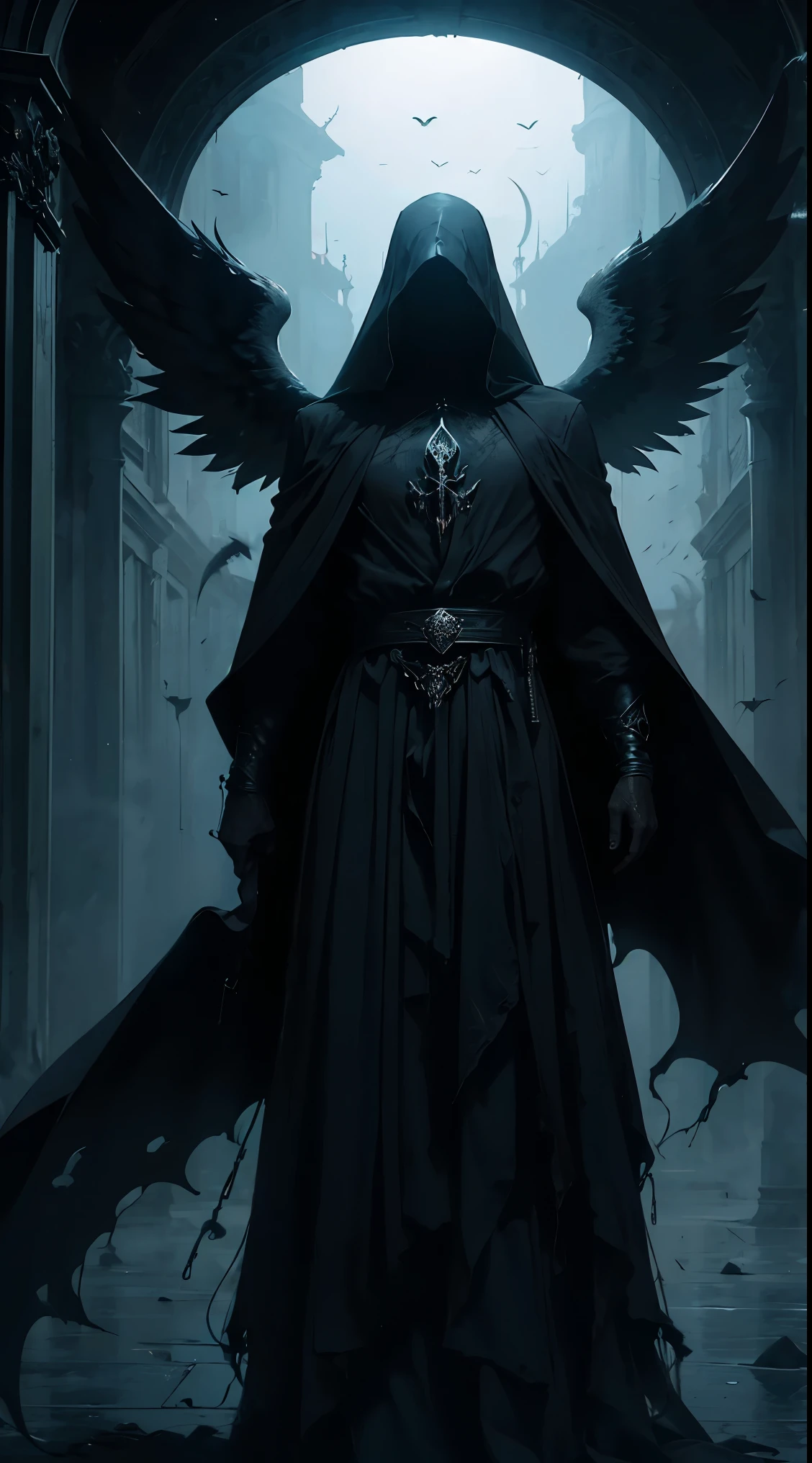 Striking illustration of the Angel of Death., A mysterious and ethereal figure who guards the threshold between life and death.. His presence is enigmatic and powerful...., con alas inmensas que se extienden hacia el horizonte y una mirada penetrante que transmite serenidad y temor. He uses cool tones and deep shadows to emphasize his ethereal nature and his connection to the realm of death......(dark lighting), ( ethereal lighting),(Spectral illumination)