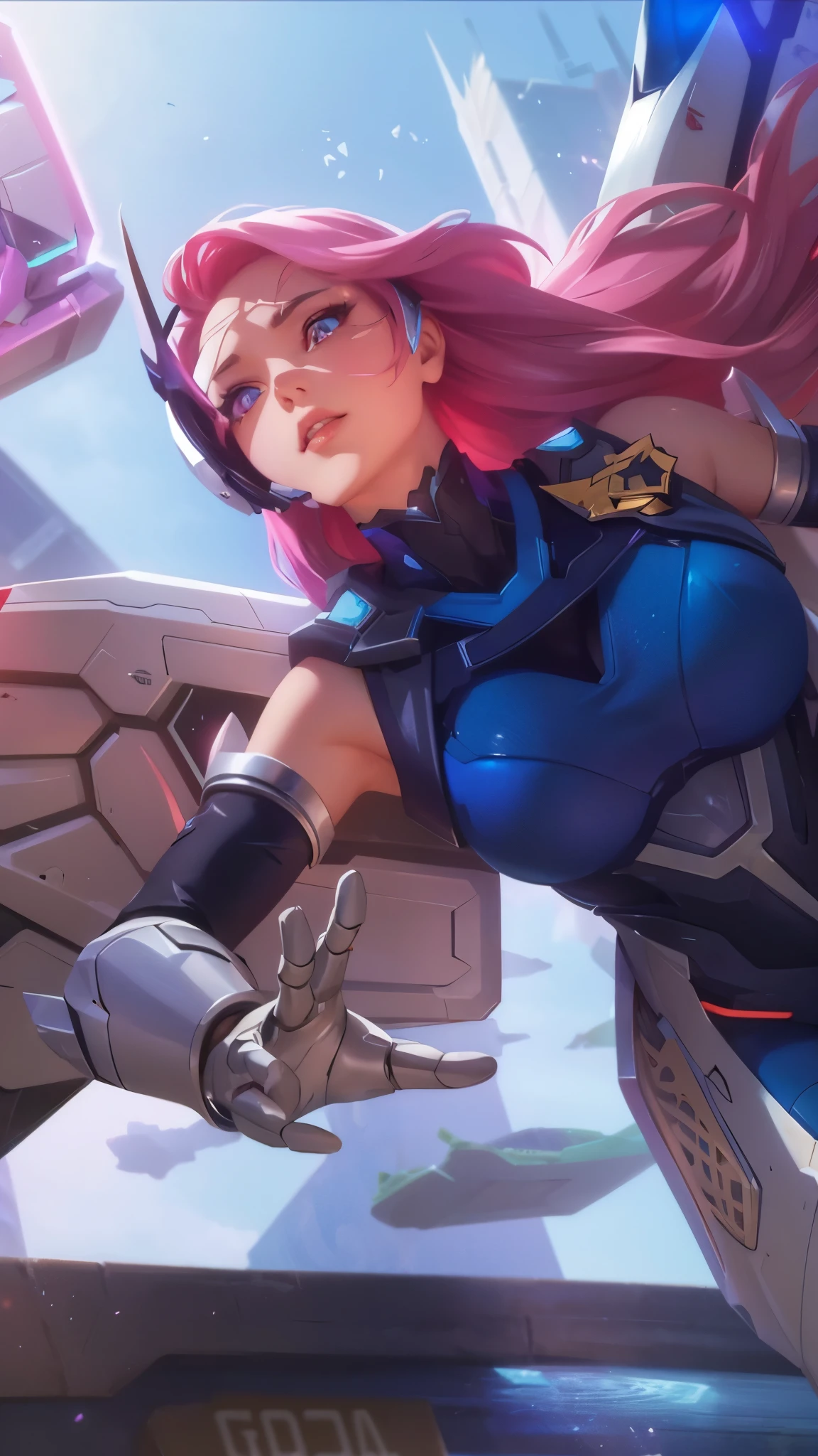A beautiful anime-style angel Rafaela from Mobile Legends, with transparent wings, robot-themed clothes, in a metropolitan-themed background, with detailed anime-like facial features, beautiful eyes, and gorgeous hair