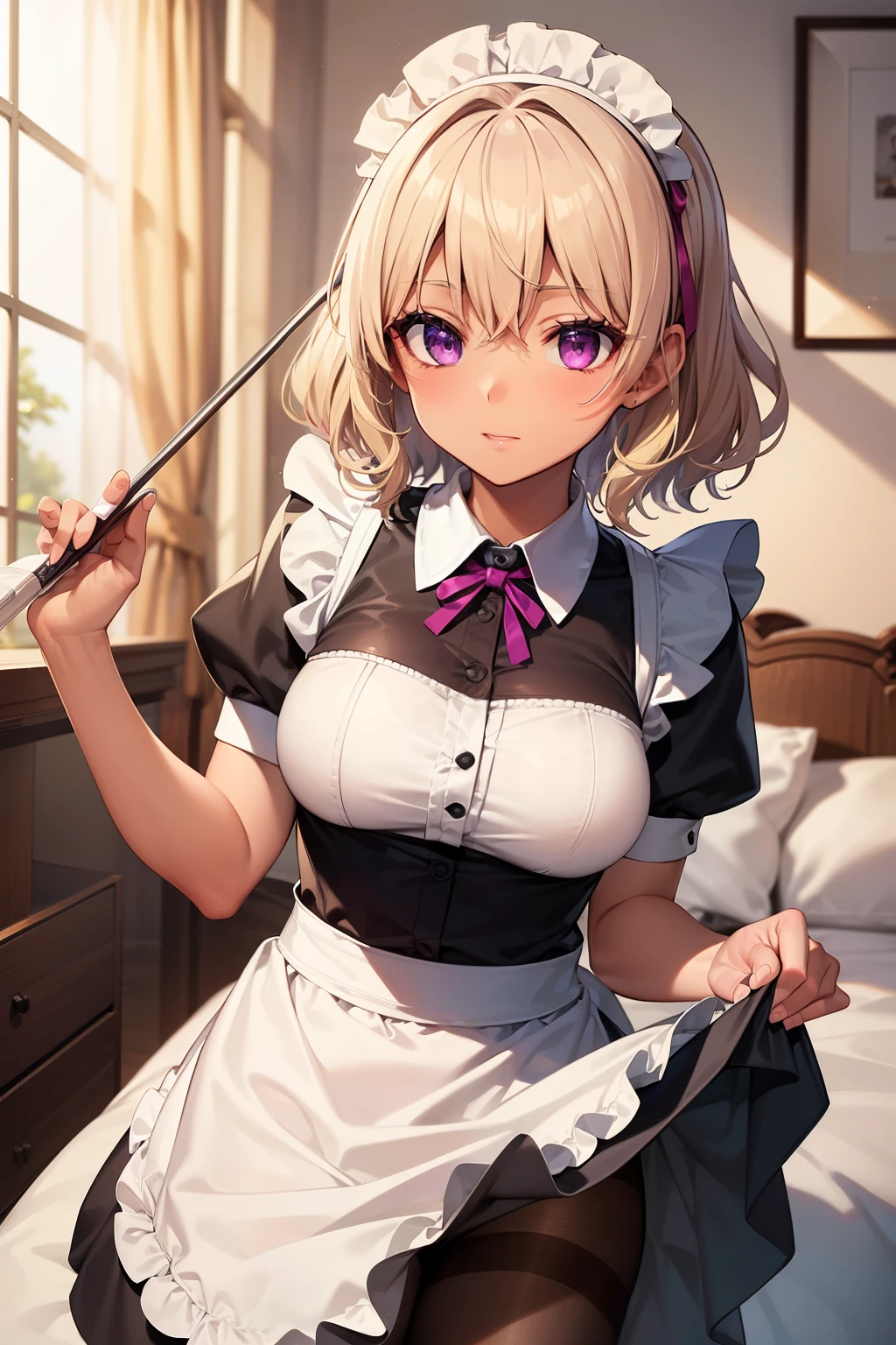 (Tabletop, highest quality, Super detailed), One Girl, Purple eyes, Blonde Hair, Dark Skin, Short Hair、Perm Hair、((pantyhose))、(Bedroom)、((Maid clothes))、Long skirt