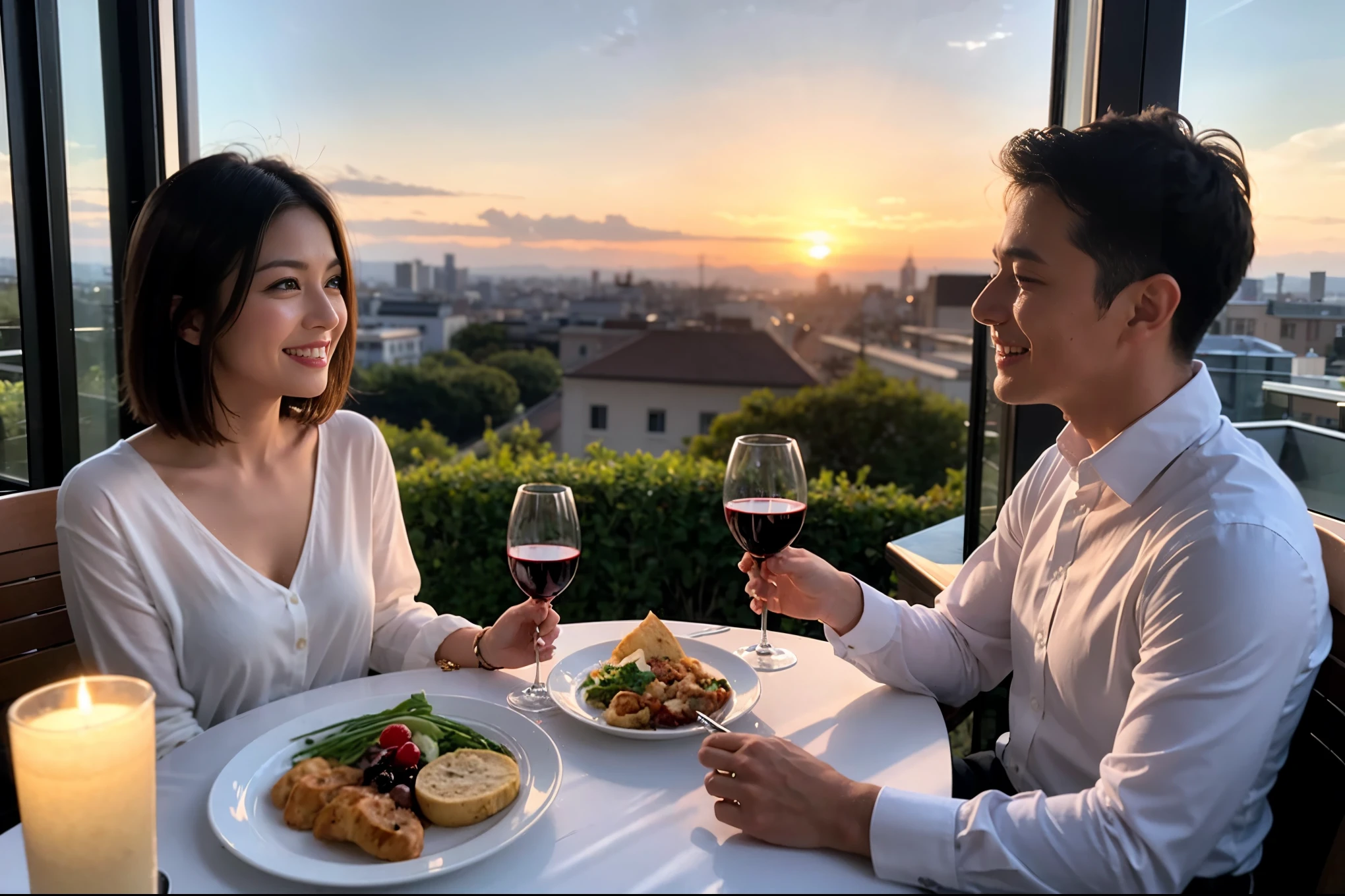 ((highest quality、8k、masterpiece:1.3))、 (Genuineistic, Genuine、Bright image、Intricate details:1.2), 最高のsmile 男性1人 女性1人、Beautiful Couple、spouse、Couple、lover、actress、モデルCouple、smile、full-course dinner、 (Slim face), (the body is slim), (Brown Hair), (short hair), テーブルの上のwine glass、Please shine a light on my face、 Amazing view of the sunset sky and clouds、 (42 years old), 39 years old, red wine 、Appetizers、Wine bottle、sparkling wine、Long sleeve shirt、dress、White wine, red wine, wine glass,