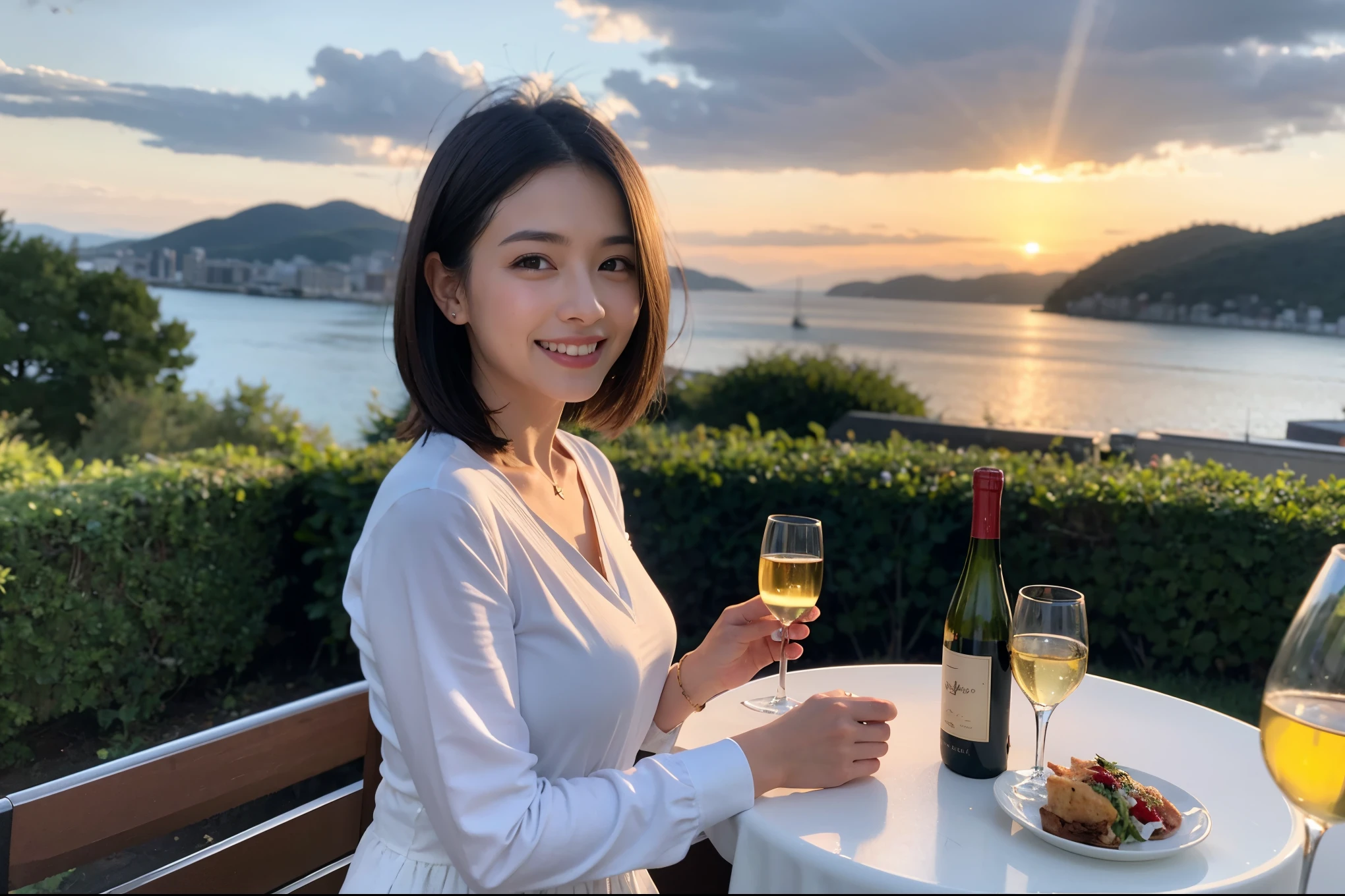 ((highest quality、8k、masterpiece:1.3))、 (Genuineistic, Genuine、Bright image、Intricate details:1.2), 最高のsmile 男性1人 女性1人、Beautiful Couple、spouse、Couple、lover、actress、モデルCouple、smile、full-course dinner、 (Slim face), (the body is slim), (Brown Hair), (short hair), テーブルの上のwine glass、Please shine a light on my face、 Amazing view of the sunset sky and clouds、 (42 years old), 39 years old, red wine 、Appetizers、Wine bottle、sparkling wine、Long sleeve shirt、dress、White wine, red wine, wine glass,