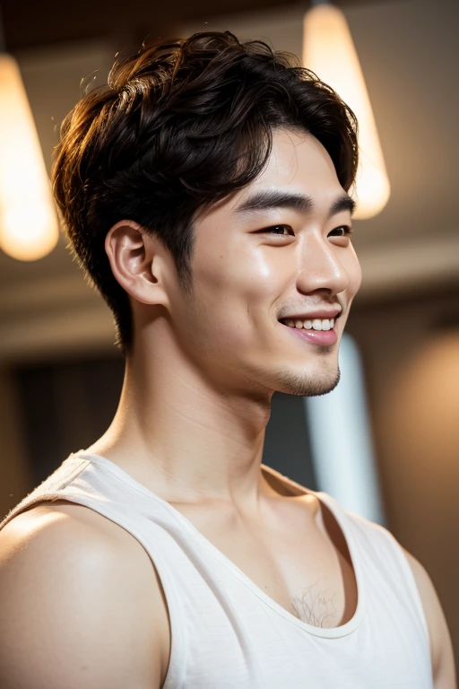 a 30 years old korean man with pale skin, small pointed nose tip, sharp jawline, curly brunette shoulder lenght hair, round doe caramel eyes and bright bunny smile