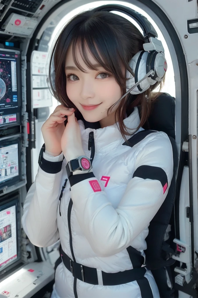 masterpiece, highest quality, Very detailed, 8K Portrait,Japanese Android Girl,plump , Control panel,Robotic arms and legs, Blunt bangs,,break (Metallic Gray, Metallic luster, Mirror finish, Astro Best):5,headphone:5,break (Black sleeves):100,Smart Watches,Futuristic space station,Control Room,break headphone,blue eyes,(Black Hair):2,(Long Hair):1.3,Displaying the viewer,(respirator),break blush:3,Hidden Hand,smile