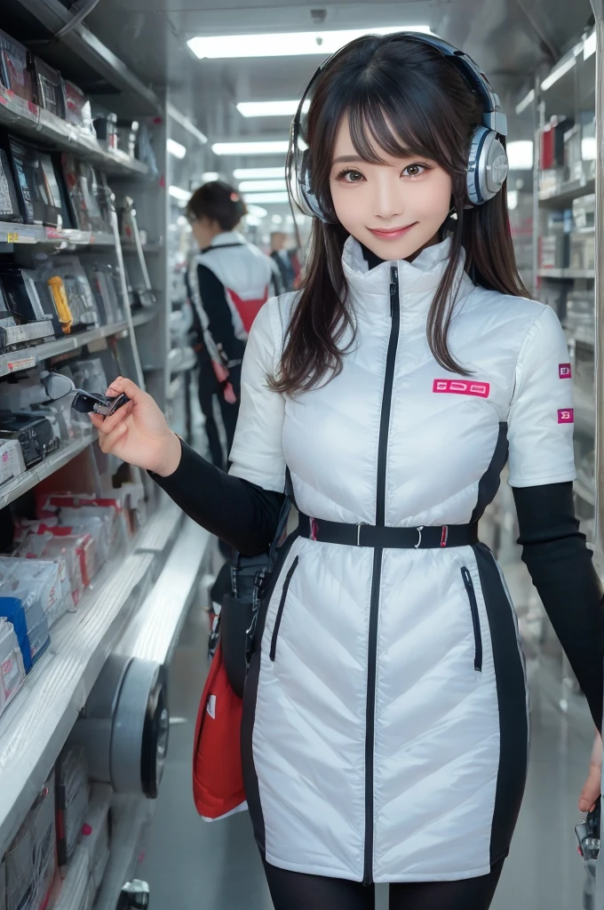 masterpiece, highest quality, Very detailed, 8K Portrait,Japanese Android Girl,plump , Control panel,Robotic arms and legs, Blunt bangs,,break (Metallic Gray, Metallic luster, Mirror finish, Astro Best):5,headphone:5,break (Black sleeves):100,Smart Watches,Futuristic space station,Control Room,break headphone,blue eyes,(Black Hair):2,(Long Hair):1.3,Displaying the viewer,(respirator),break blush:3,Hidden Hand,smile