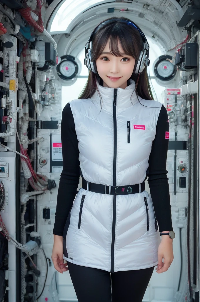 masterpiece, highest quality, Very detailed, 8K Portrait,Japanese Android Girl,plump , Control panel,Robotic arms and legs, Blunt bangs,,break (Metallic Gray, Metallic luster, Mirror finish, Astro Best):5,headphone:5,break (Black sleeves):100,Smart Watches,Futuristic space station,Control Room,break headphone,blue eyes,(Black Hair):2,(Long Hair):1.3,Displaying the viewer,(respirator),break blush:3,Hidden Hand,smile