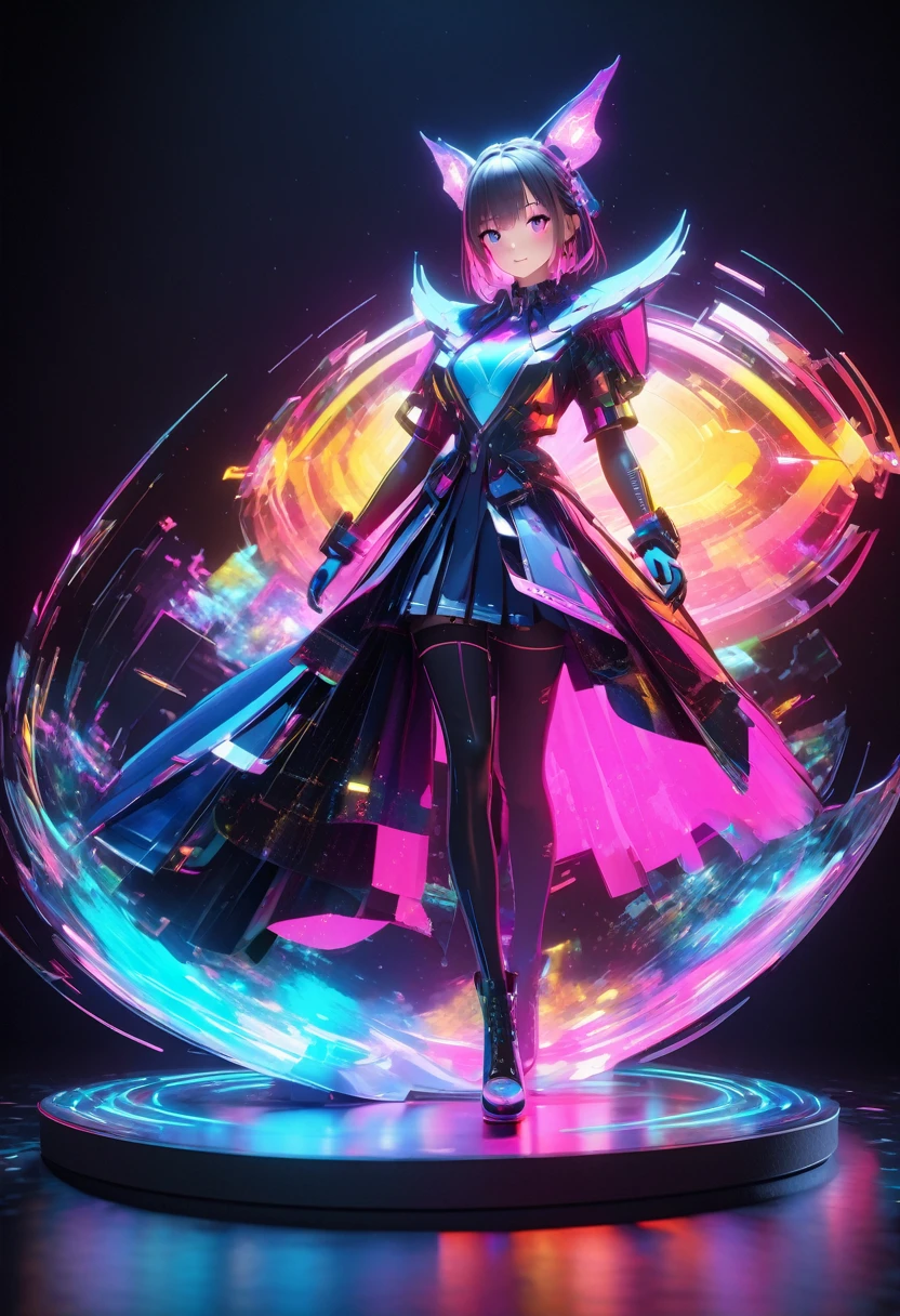 holography, draw in neon colors:1 girl:Future, transparent, Three dimensions, light, SF, Digital art, Digital, scientific, dark background: electronic circuit: draw in neon colors, 3D, masterpiece, Digital space, energy, beautiful, masterpiece, 8K, light, be familiar with, lively, colorful, nice, beautiful, rich colors, beautiful Light Lines. magic effect, Sparkling, beautiful Light Grains;naruko