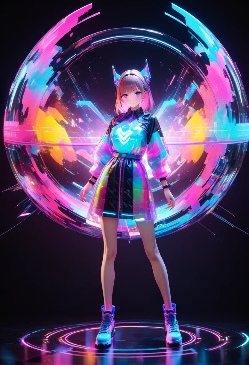 holography, Draw in neon colors:1 girl:future, transparent, 3D, Light, sf, Digital art, Digital, scientific, Dark Background: electronic circuit: Draw in neon colors, 3D, masterpiece, Digital空間, energy, beautiful, masterpiece, 8k, Light, Familiar, Vibrant, colorful, Nice, beautiful, Rich colors, beautiful Light Lines. Magical Effects, Sparkling, beautiful Light Grains