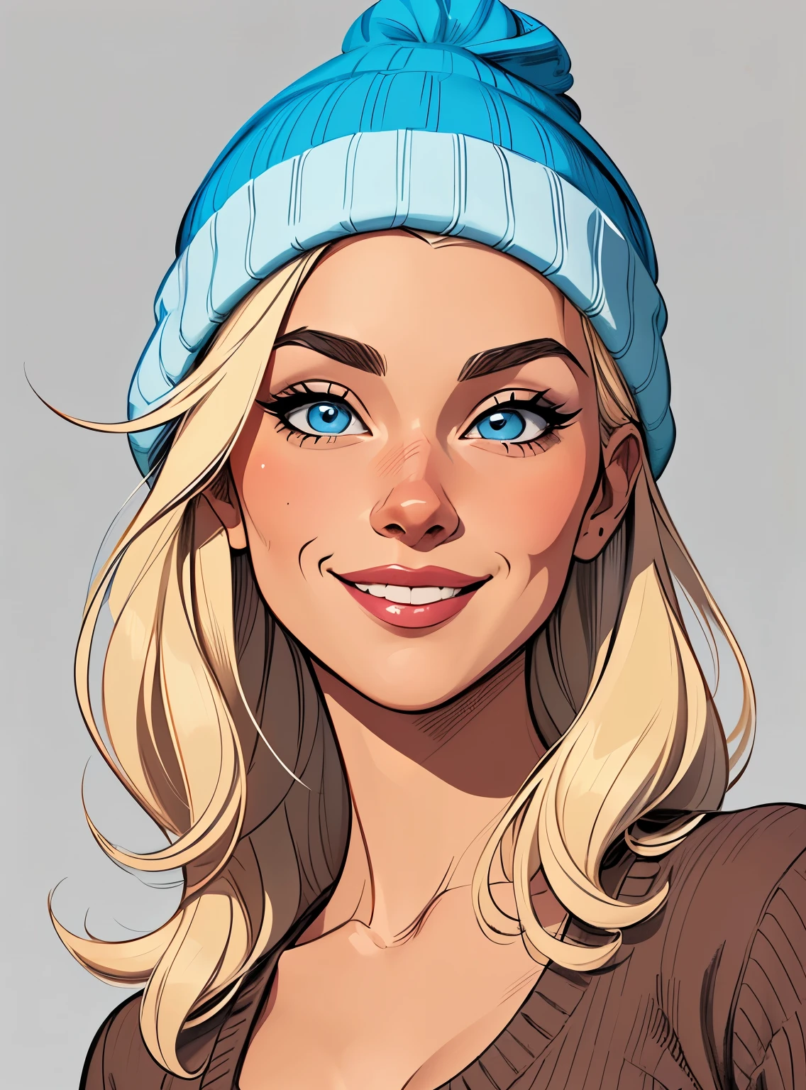 (cartoon style:1.2), Cartoon image of a  
Flat colors,close-up, portrait,  of a 25 year old surfer looking girl, tan skin, y smile ([blue eyes]) perfect, Beach blonde salty hair, natural beaty, beautiful, casual,  masterpiece, with a knitting cap, wearing a sweater Super cute funky , Cartoon style illustration, Cartoon Art Style, Cartoon Art Style, Digital illustration style, Highly detailed character design, cute detailed digital art, City Girl Fan Art, Portrait Character Design, beautiful digital illustration, high quality portrait, Comic art, Character Design Portrait,:: simple grey background::