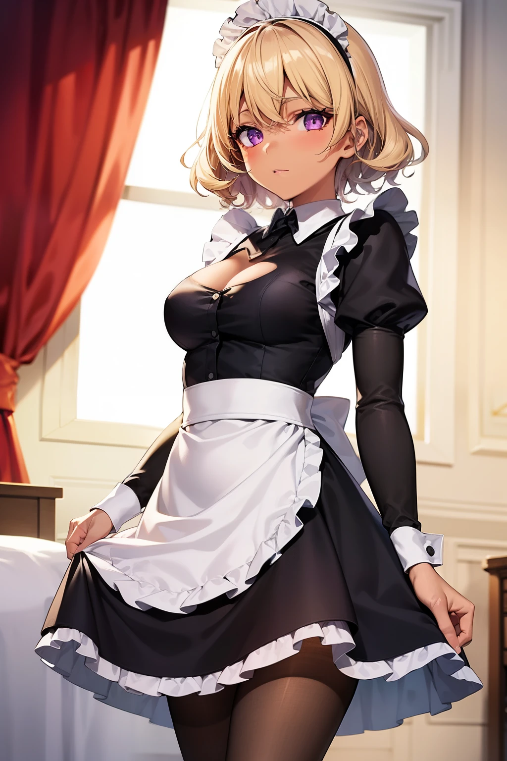 (Tabletop, highest quality, Super detailed), One Girl, Purple eyes, Blonde Hair, Dark Skin, Short Hair、Perm Hair、((pantyhose))、(Bedroom)、((Maid clothes))、Long skirt