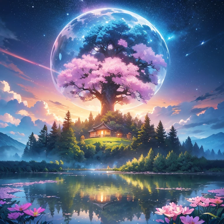 flower園,flower畑,Surreal illustration , Otherworldly, Ultra-aerial scene featuring the entire body of a giant crystal tree,Highly detailed and magical lighting, Intricate forest details, Surrounding vegetation and river, Solarpunk ,landscape, Giant Tree, Beautiful foliage with beautiful lighting and realistic proportions, Like a movie background, 8k, highest quality, masterpiece, 空のcloudと星.baptism,Baptism,Garden of Eden,Colorful,夢のようなlandscape, cloud, light piercing through the cloud, Reflection on the surface of the water, Gentle waterfall,flower々, flower ,Quiet atmosphere, Richness in details, Surreal beauty, Magical Aura, ファンタジーlandscape, High quality digital art, Vibrant colors, Fantastic lighting, Enchanting atmosphere, Artistic Expression, Otherworldly feeling, Beautiful brushwork, Magnificent View, Peaceful tranquility, Immersive Experience, Breathtaking views, Picturesque views, Mysterious charm, Mysterious atmosphere, Nuances, A magical dream. There are no people, Nobody is here
