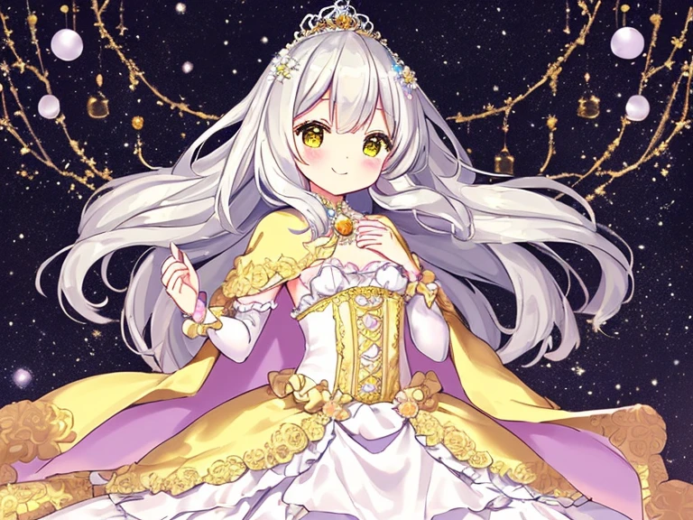 looking at viewer,(kawaii),(best quality),(ultra detailed), upper body,(rococo style),(long train pastel yellow cape:1.15), very long cape,(long train white ball gown with flower decorations:1.1), a girl is wearing a cape over her gown, 1 little princess, tiara, smile, very long hair, small breasts