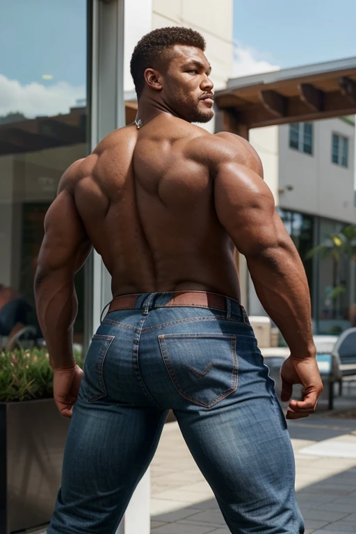 Very handsome black man , (((alan ritchson))), muscular full body, veins, face detailed, bodybuilder, beard, shirtless, high definition, highly detailed. Gray jeans, (((backside))) (((Big butt)))