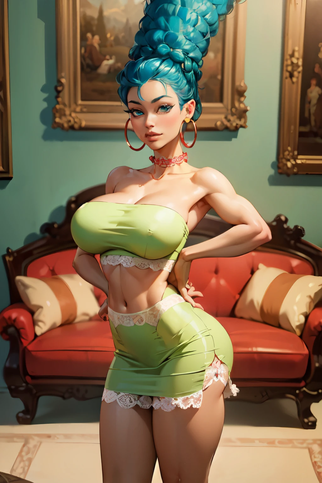 marge simpson, black eyes, yellow skin, afro, big blue hair, pearl necklace, strapless green dress, white panties, looking at viewer, seductive, standing, hand on hip, inside cozy living room, sofa, framed painting, playful ambiance, high quality, masterpiece, (((tiny green dress))), (((bimbo))),(((perfect body))), (((huge hoop earrings))), (((huge breasts))), (((white pearl choker necklace))), (((beautiful eyes))), (((yellow skin))), (((exposed midriff))), (((wearing frilly lace panties))),