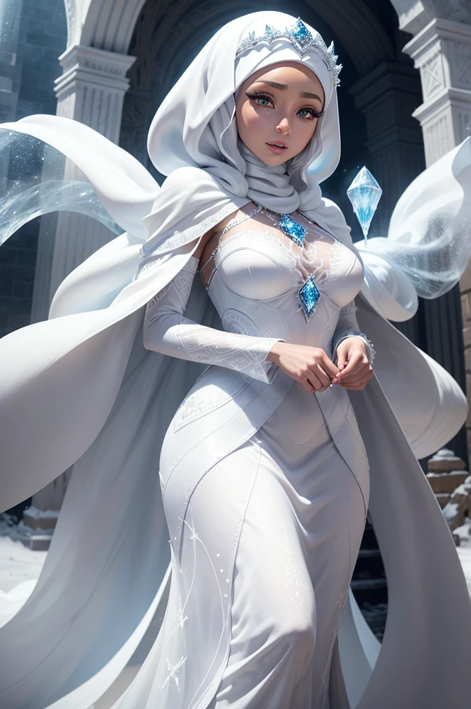 a beautiful ice goddess, wearing full hijab, good face, happy face, short hair, realistic eyes, ice magician, ice elemental, intricate design and details, chilling mist, cold, blizzard storm, conjuring ice spell, casting ice spell, detailed dress, muslimah, (white ayaba:1.5), realistic ice effect, ((ice:1.5)), snow particles, dark fantasy art style, ruined city, dramatic lighting, cinematic,