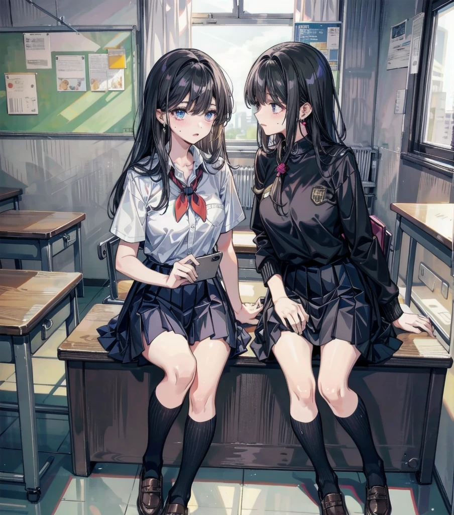 full body, tearful mole, earring, medium hair, black hair, medium tits, yuri, 2 girls, classroom, school_uniform,