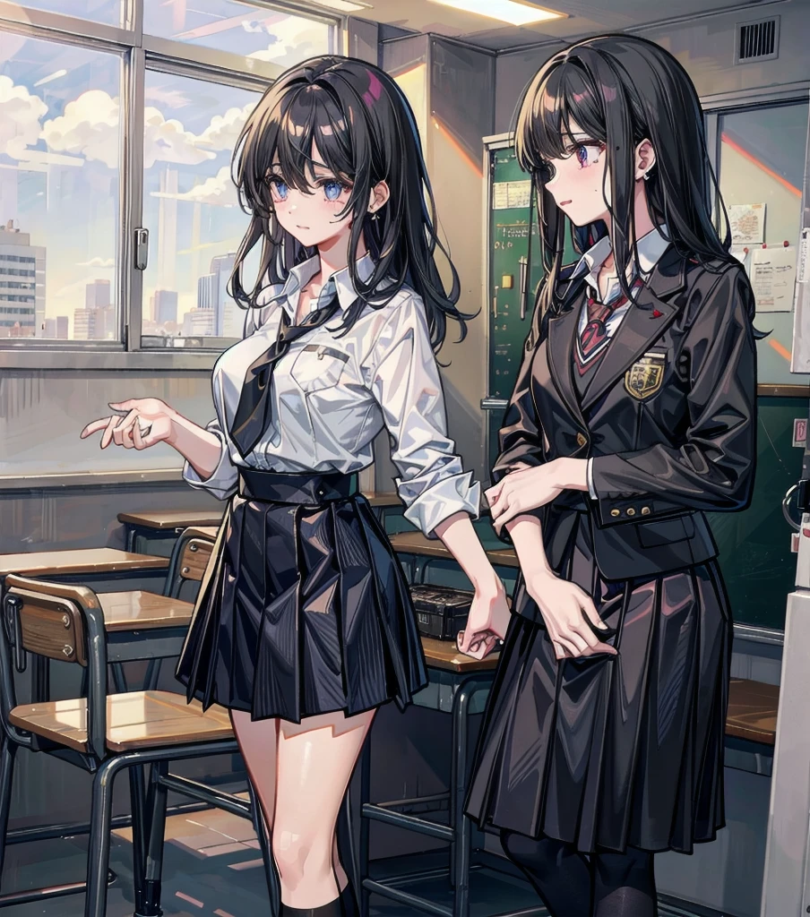 full body, tearful mole, earring, medium hair, black hair, medium tits, yuri, 2 girls, classroom, school_uniform,