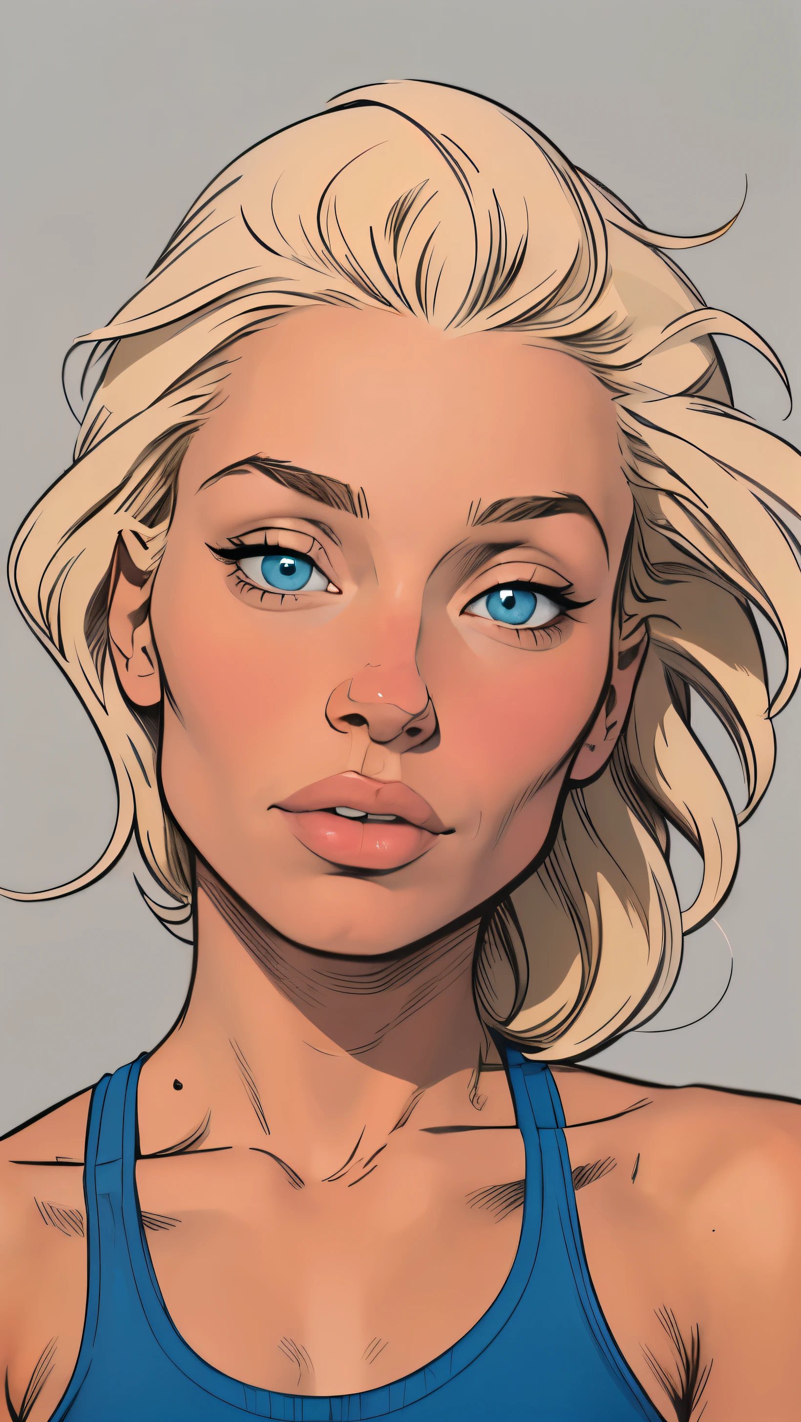 
Flat colors,close-up, portrait,  of a 19 
year old surfer looking girl, tan skin, ([blue eyes]) Beach blonde salty hair, natural beaty, beautiful, casual, blue tank top, masterpiece, (([Simple grey background]))


