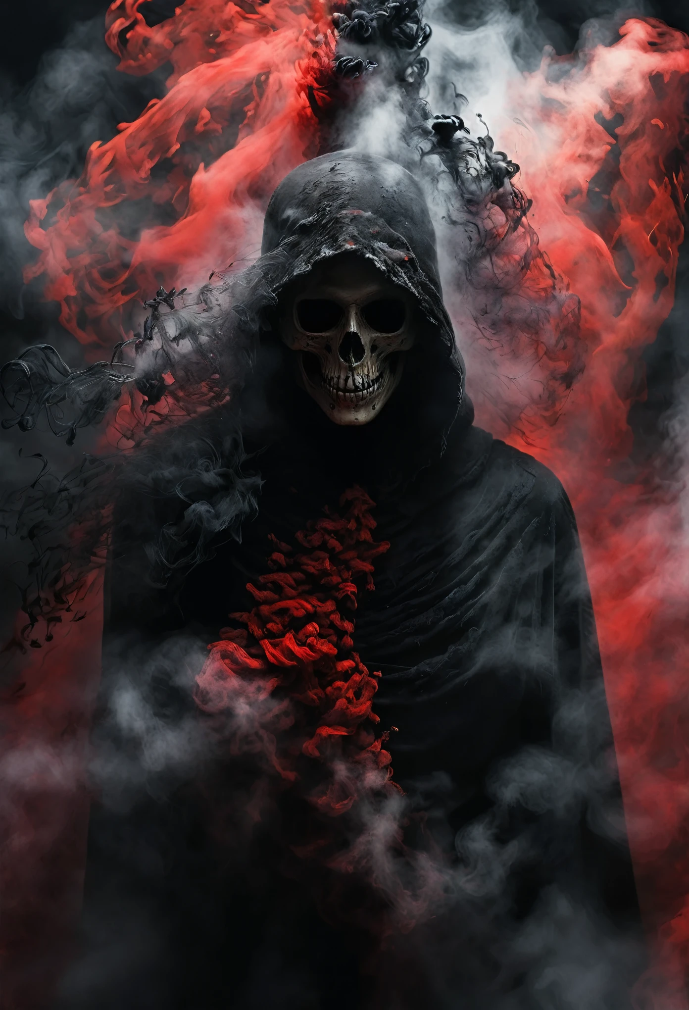 Black grim reaper,  Engulfed BY black and red, best quality, ultra-detailed, dark and mysterious, Gothic style, menacing presence, haunting atmosphere, ethereal lighting, grim and foreboding, eerie shadows, swirling mist, supernatural elements, skull motif, dramatic composition, macabre aesthetics, 