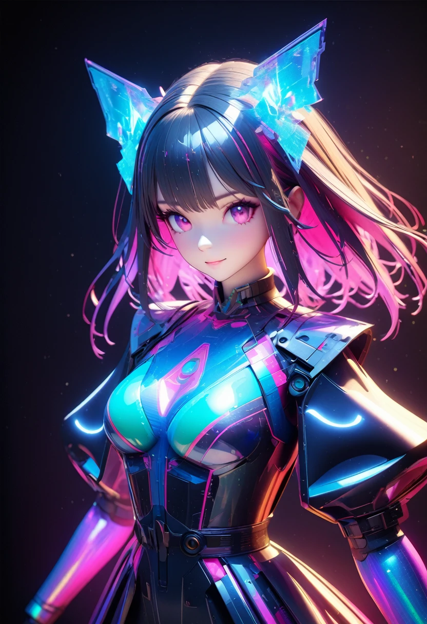 holography, Draw in neon colors:1 girl:future, transparent, 3D, Light, sf, Digital art, Digital, scientific, Dark Background: electronic circuit: Draw in neon colors, 3D, masterpiece, Digital空間, energy, beautiful, masterpiece, 8k, Light, Familiar, Vibrant, colorful, Nice, beautiful, Rich colors, beautiful Light Lines. Magical Effects, Sparkling, beautiful Light Grains