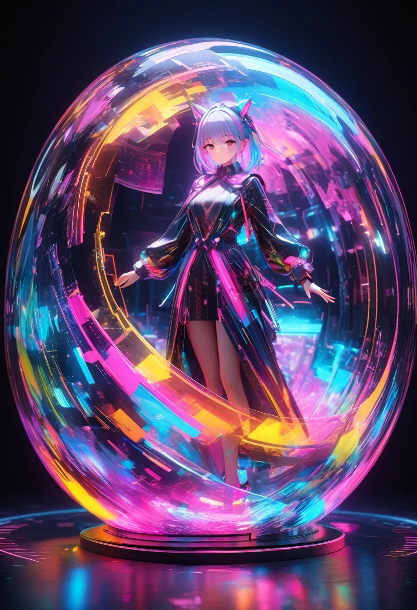 holography, Draw in neon colors:1 girl:future, transparent, 3D, Light, sf, Digital art, Digital, scientific, Dark Background: electronic circuit: Draw in neon colors, 3D, masterpiece, Digital空間, energy, beautiful, masterpiece, 8k, Light, Familiar, Vibrant, colorful, Nice, beautiful, Rich colors, beautiful Light Lines. Magical Effects, Sparkling, beautiful Light Grains