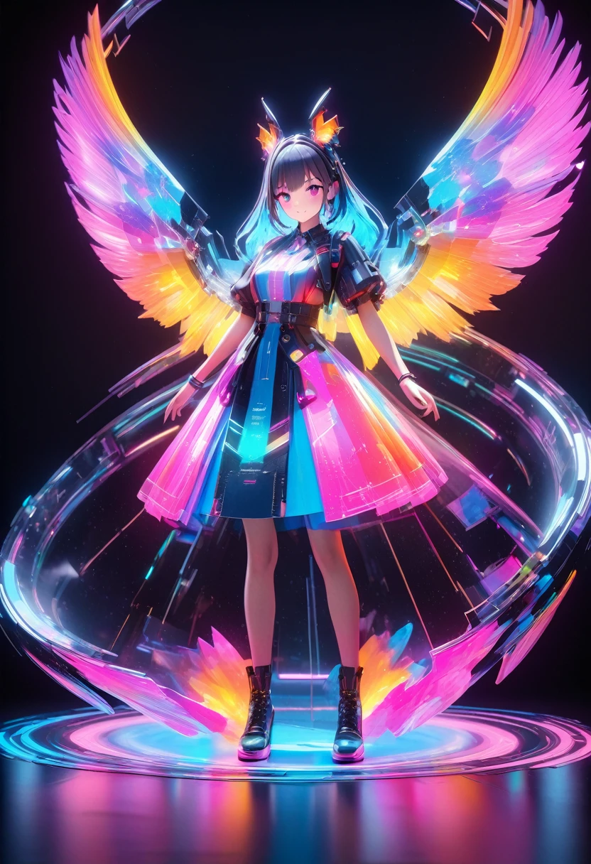 holography, Draw in neon colors:1 girl:future, transparent, 3D, Light, sf, Digital art, Digital, scientific, Dark Background: electronic circuit: Draw in neon colors, 3D, masterpiece, Digital空間, energy, beautiful, masterpiece, 8k, Light, Familiar, Vibrant, colorful, Nice, beautiful, Rich colors, beautiful Light Lines. Magical Effects, Sparkling, beautiful Light Grains