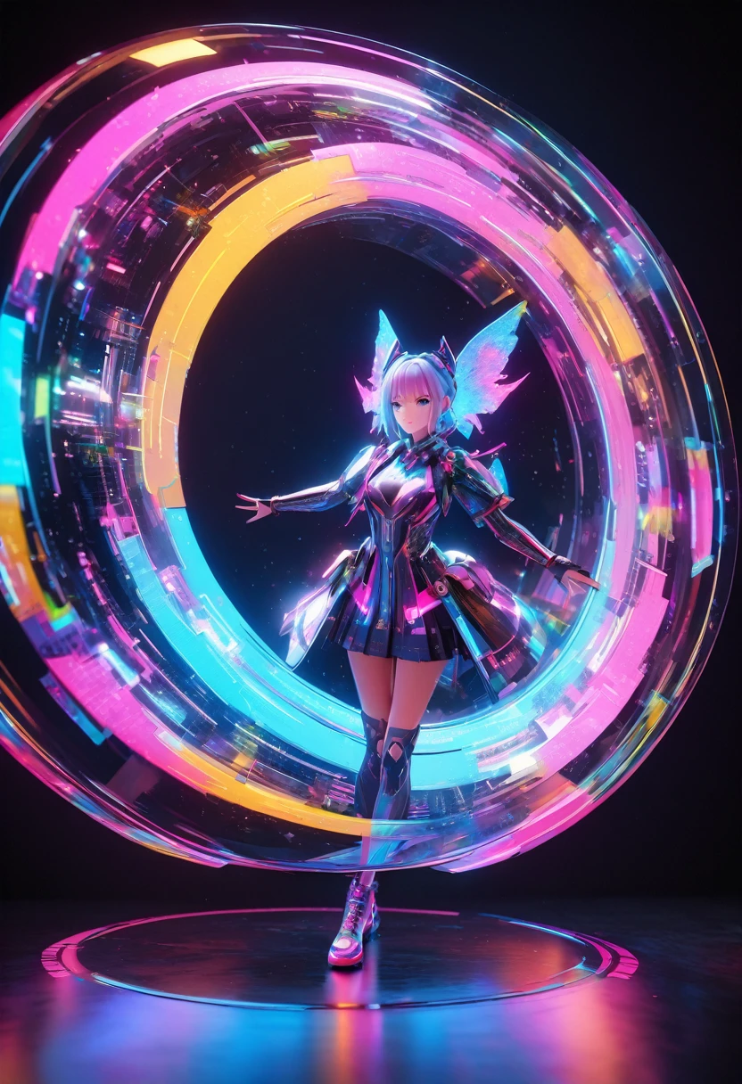 holography, Draw in neon colors:1 girl:future, transparent, 3D, Light, sf, Digital art, Digital, scientific, Dark Background: electronic circuit: Draw in neon colors, 3D, masterpiece, Digital空間, energy, beautiful, masterpiece, 8k, Light, Familiar, Vibrant, colorful, Nice, beautiful, Rich colors, beautiful Light Lines. Magical Effects, Sparkling, beautiful Light Grains